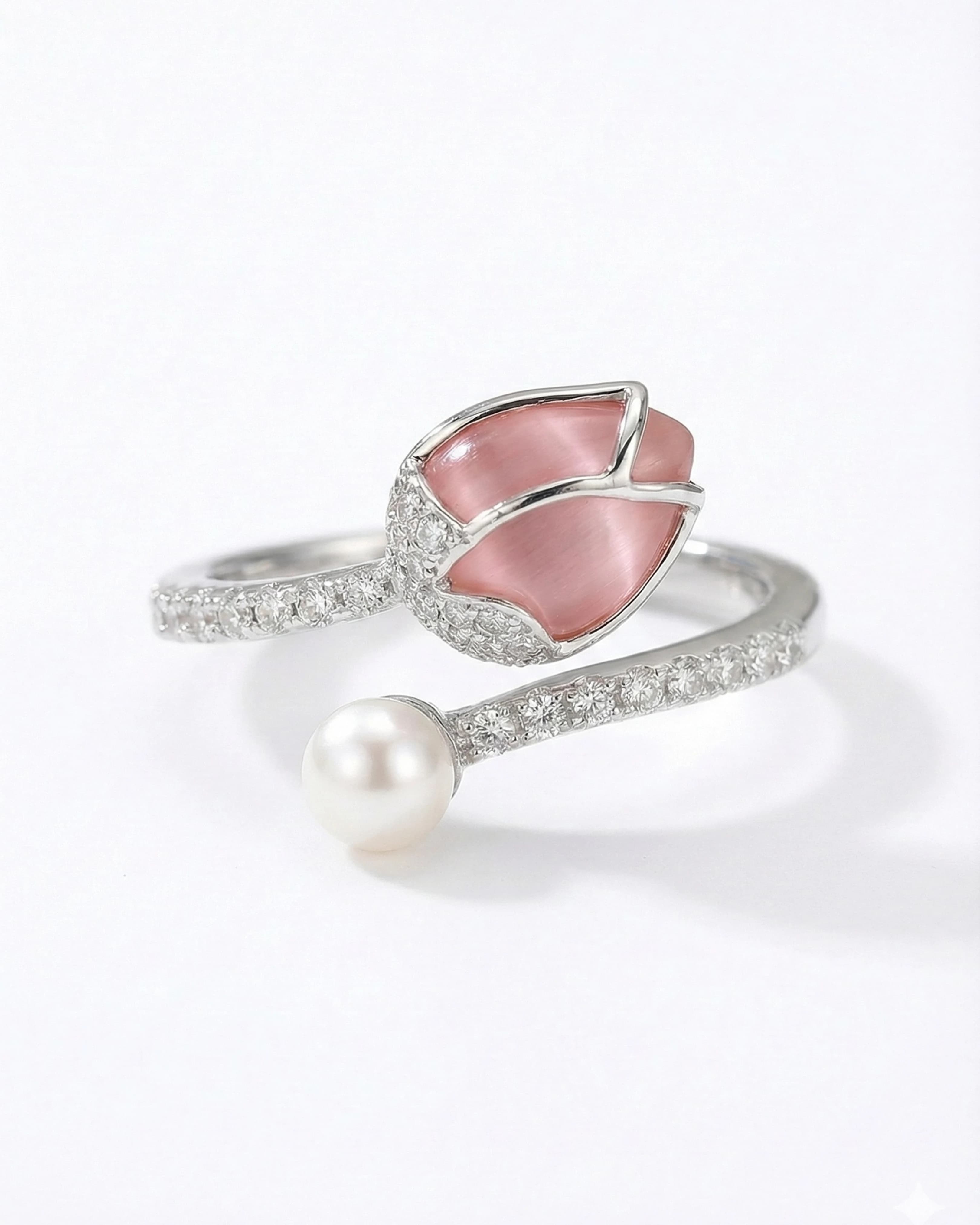 Enchanted Rose Quartz & Pearl Open Wrap Ring – 925 Sterling Silver