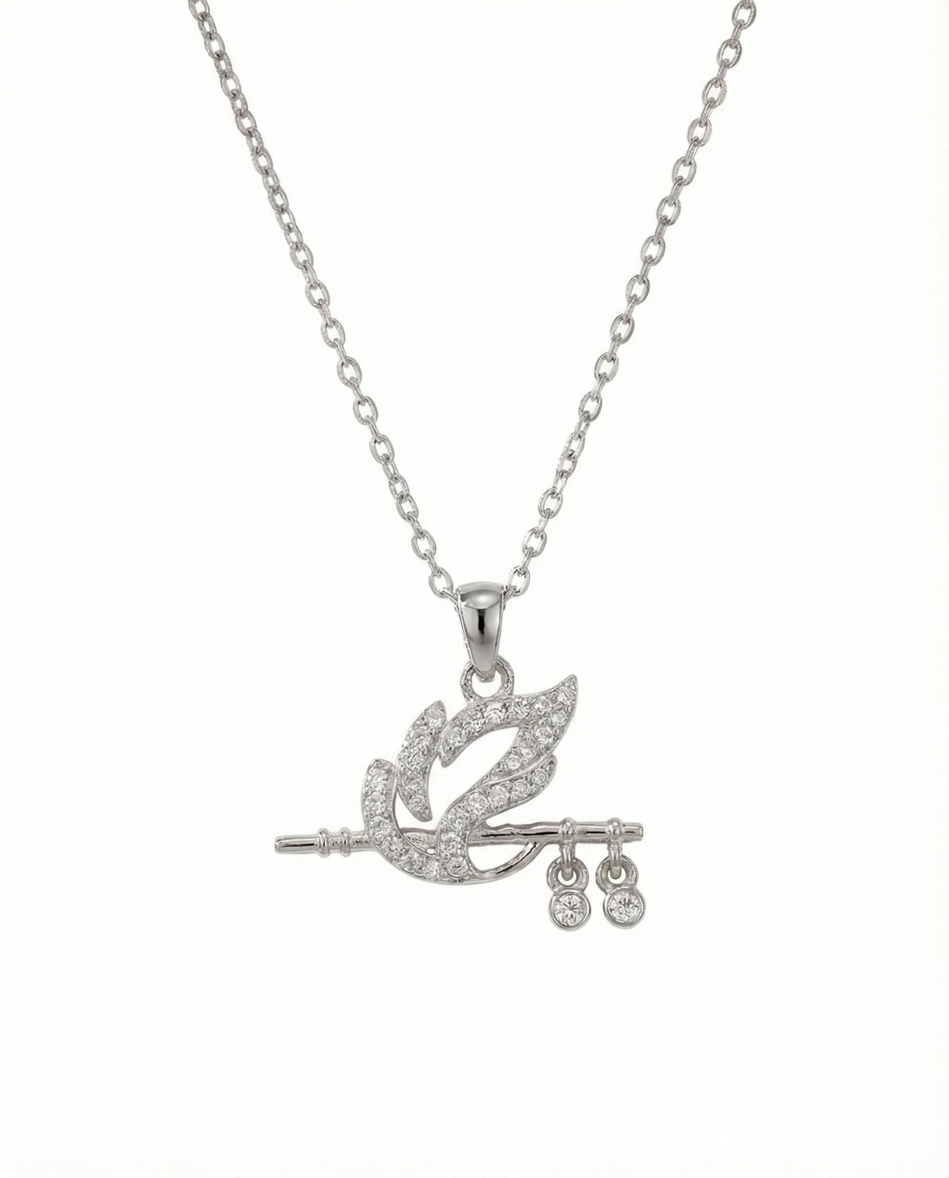 Divine Krishna Flute & Peacock Feather Necklace – 925 Sterling Silver Zircon Pendant
