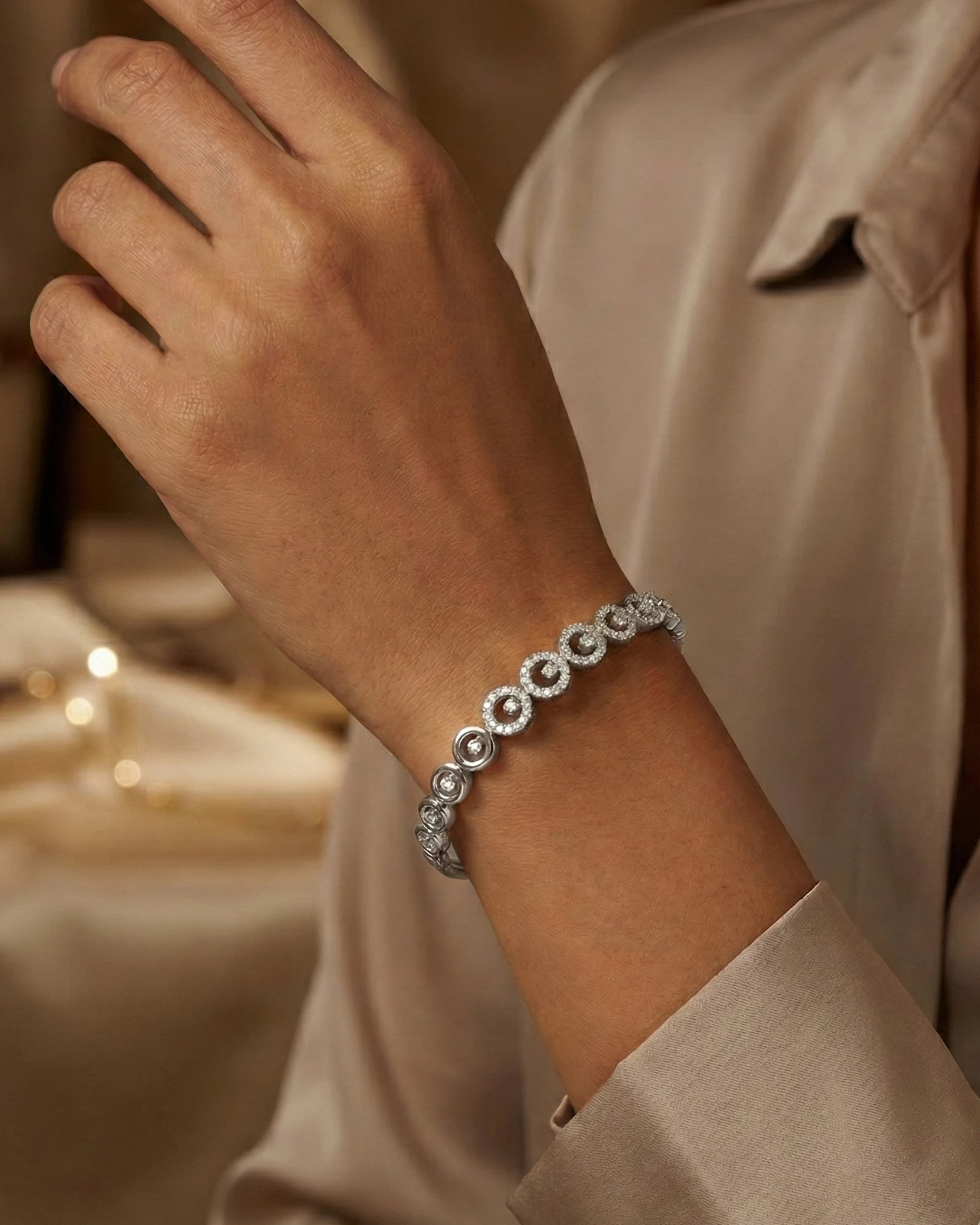 Imperial Crescent Halo Bangle – 925 Sterling Silver — model