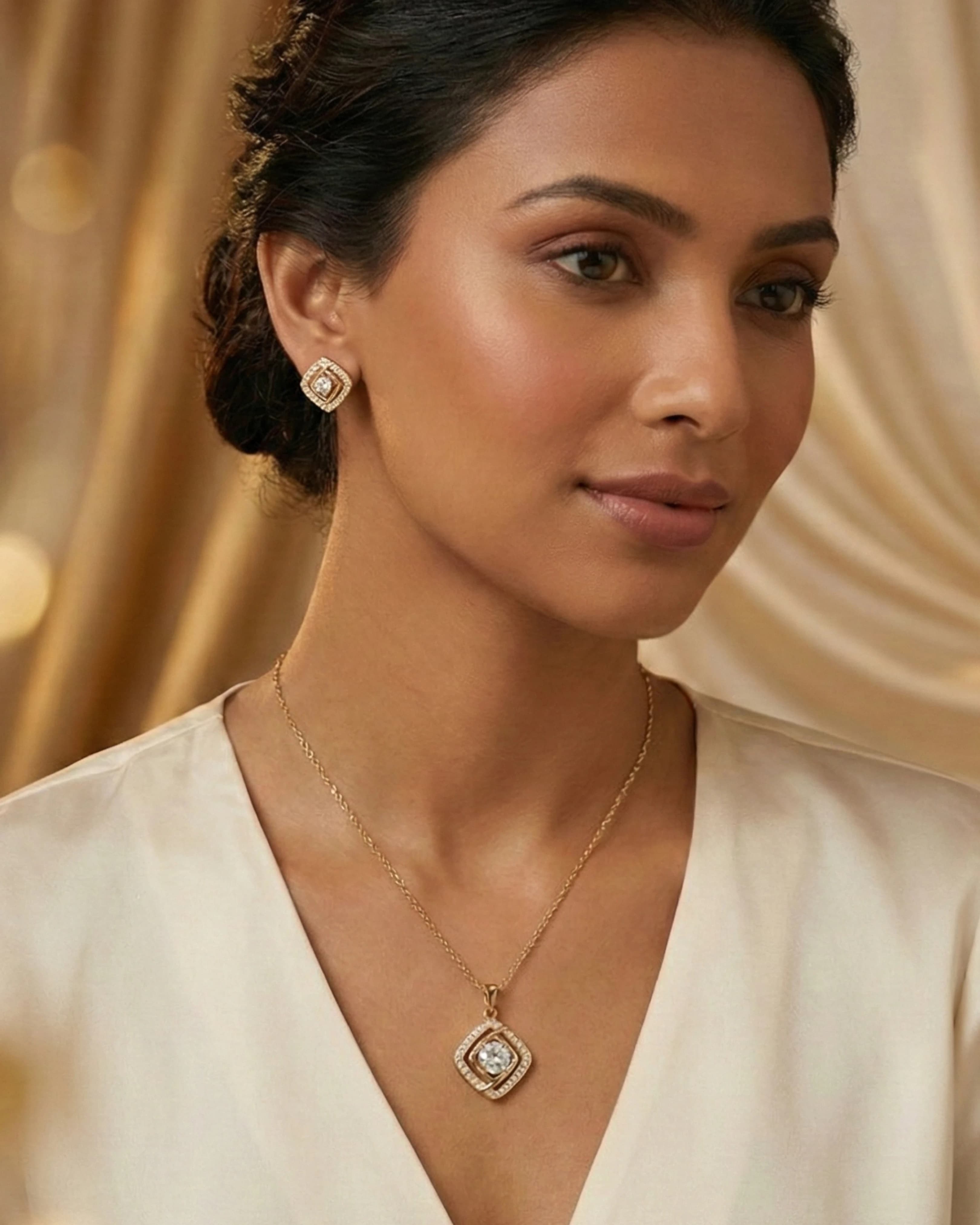 Silver Jems Gold Plated 925 Sterling Silver Radiant Square Halo Jewelry Set – Pendant Necklace & Stud Earrings — model