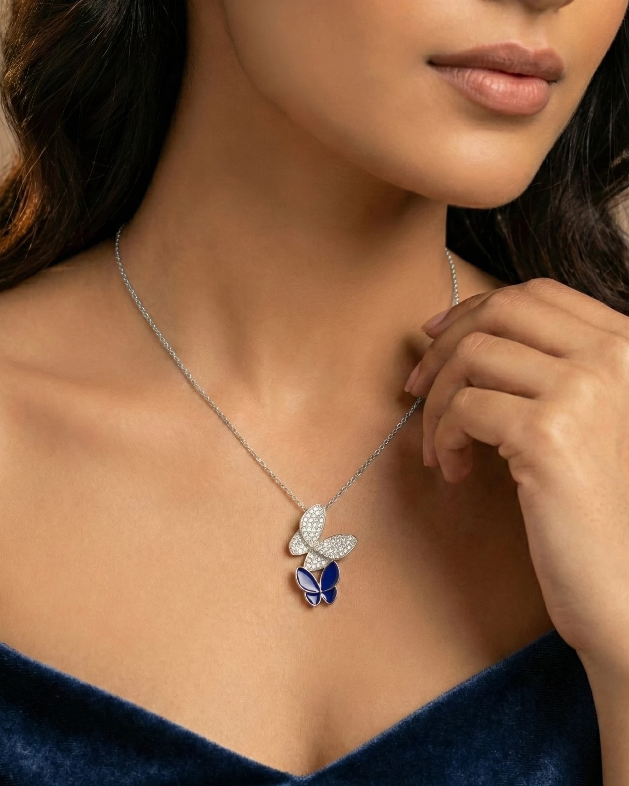 Midnight Butterfly Pavé Drop Necklace – 925 Sterling Silver — model