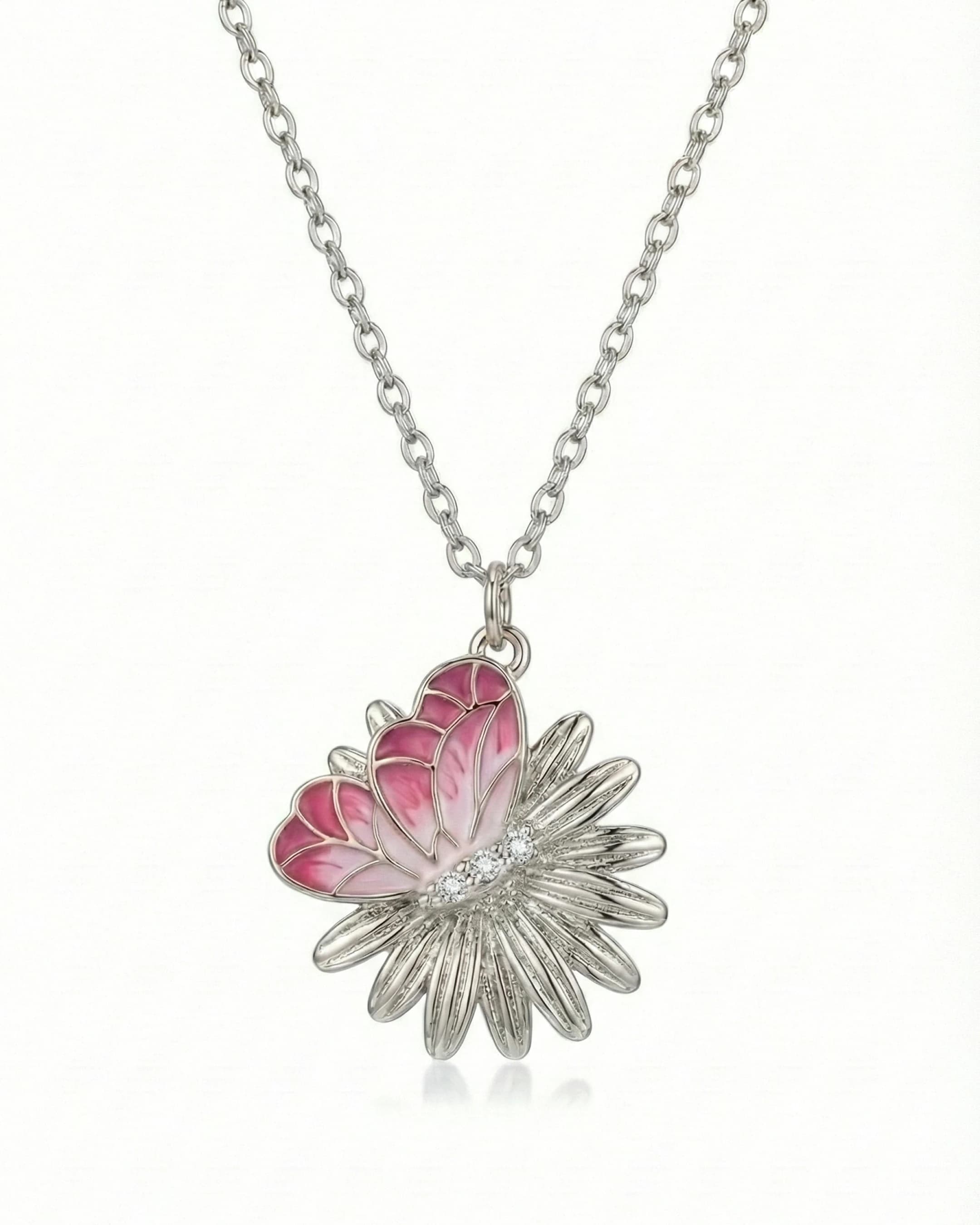 Pink Meadow Butterfly & Daisy Pendant – 925 Sterling Silver