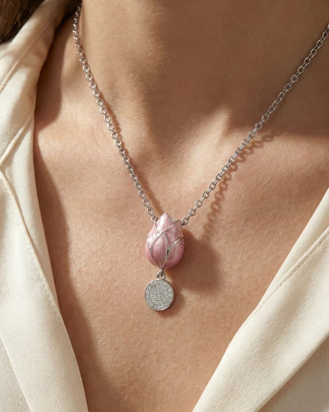 Graceful Tulip Bloom Enamel Necklace – 925 Sterling Silver — model