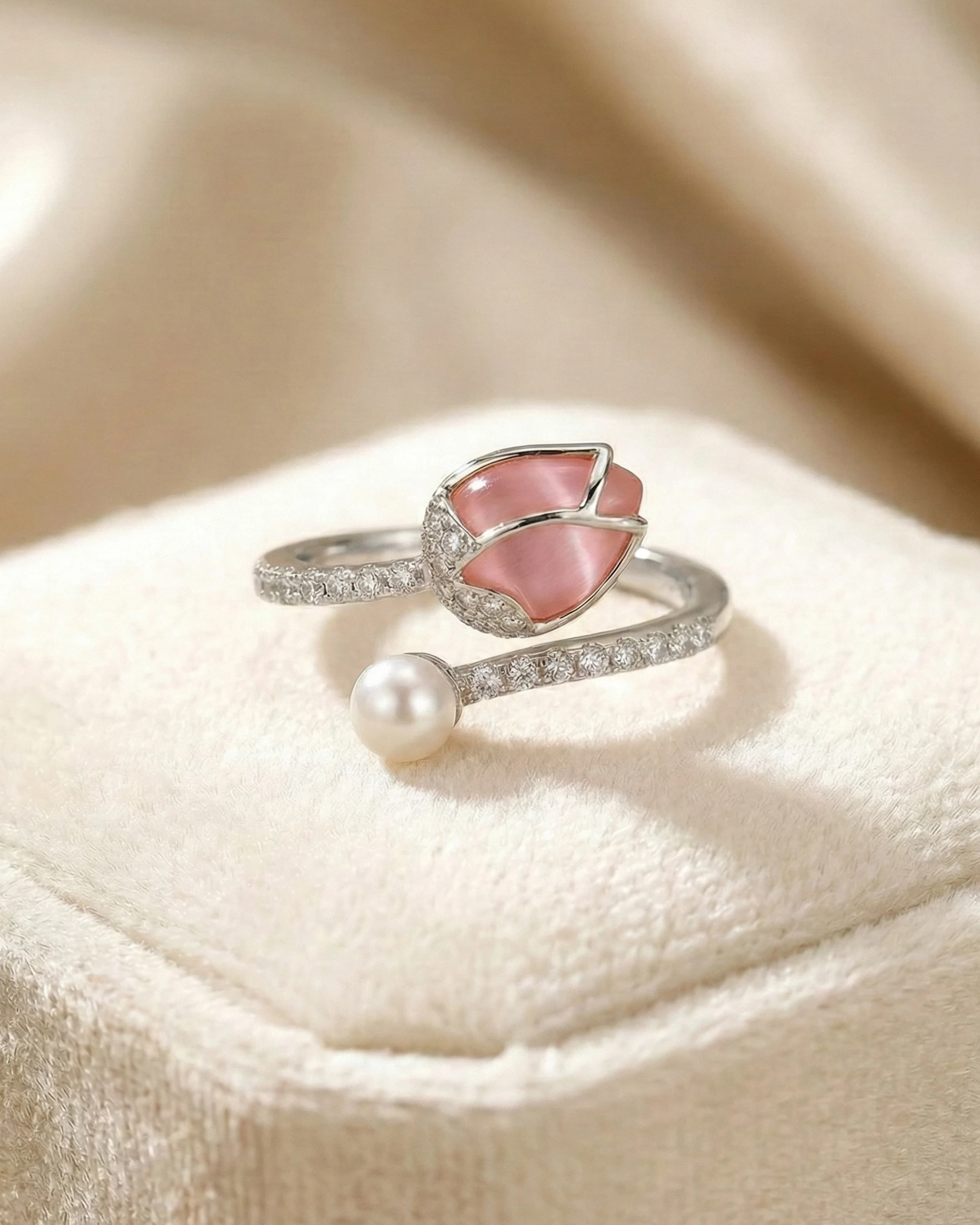 Enchanted Rose Quartz & Pearl Open Wrap Ring – 925 Sterling Silver view 3