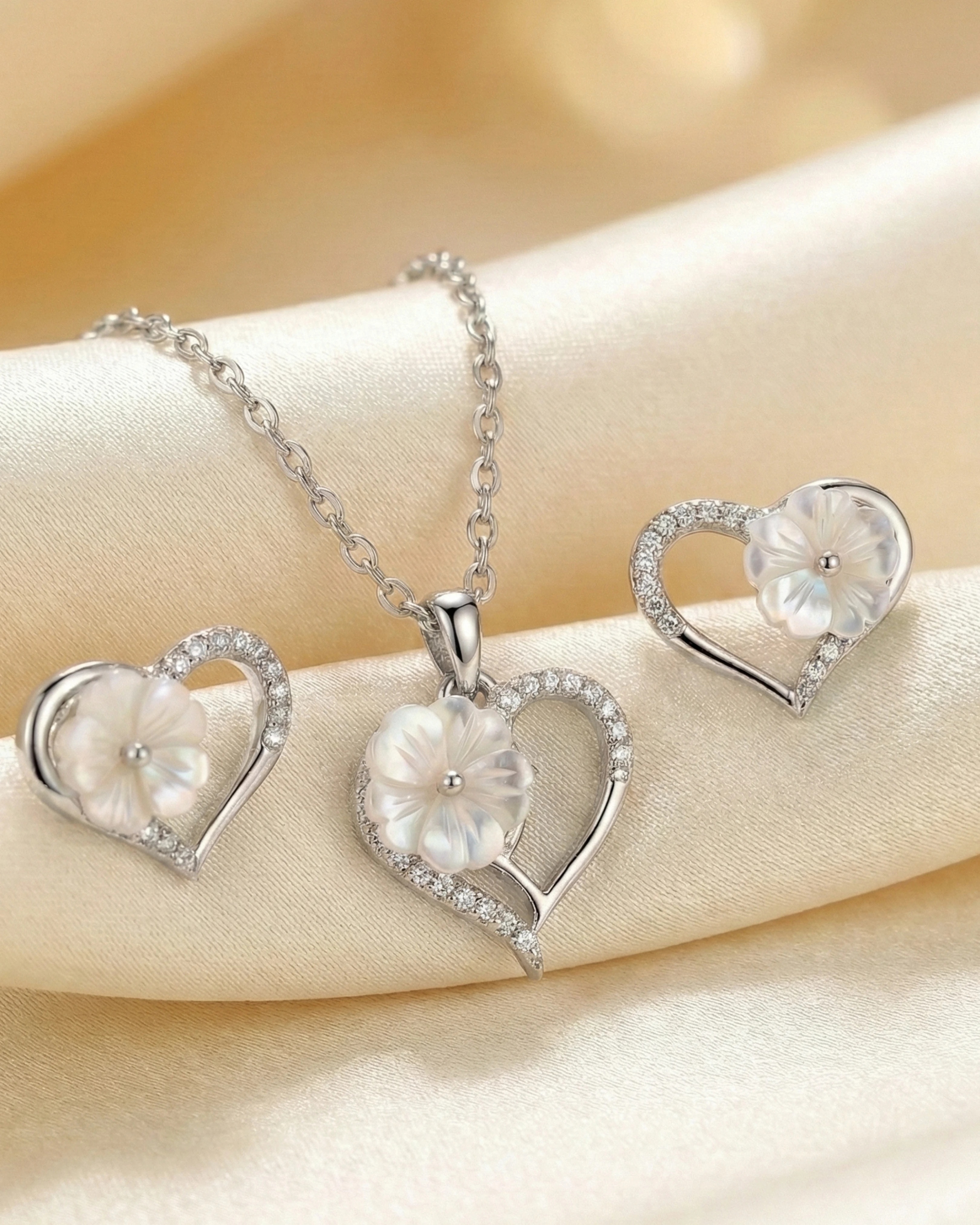 Silver Jems 925 Sterling Silver Heart & Mother-of-Pearl Flower Jewelry Set – Romantic Necklace and Earrings view 3