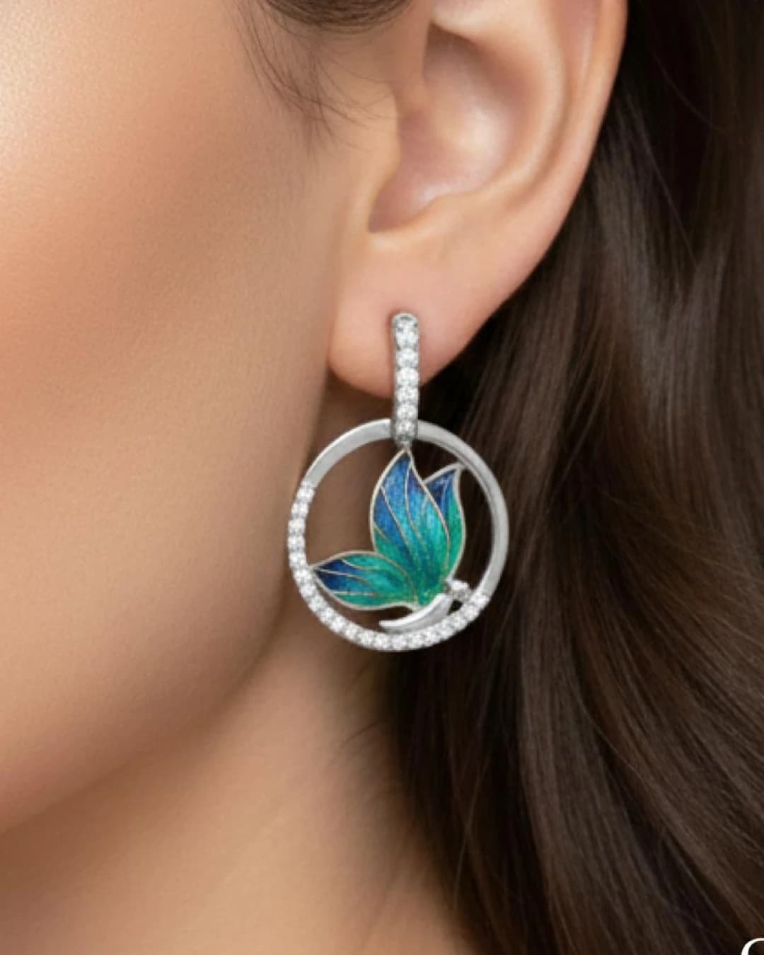 Emerald Glaze Butterfly Halo Earrings – 925 Sterling Silver — model