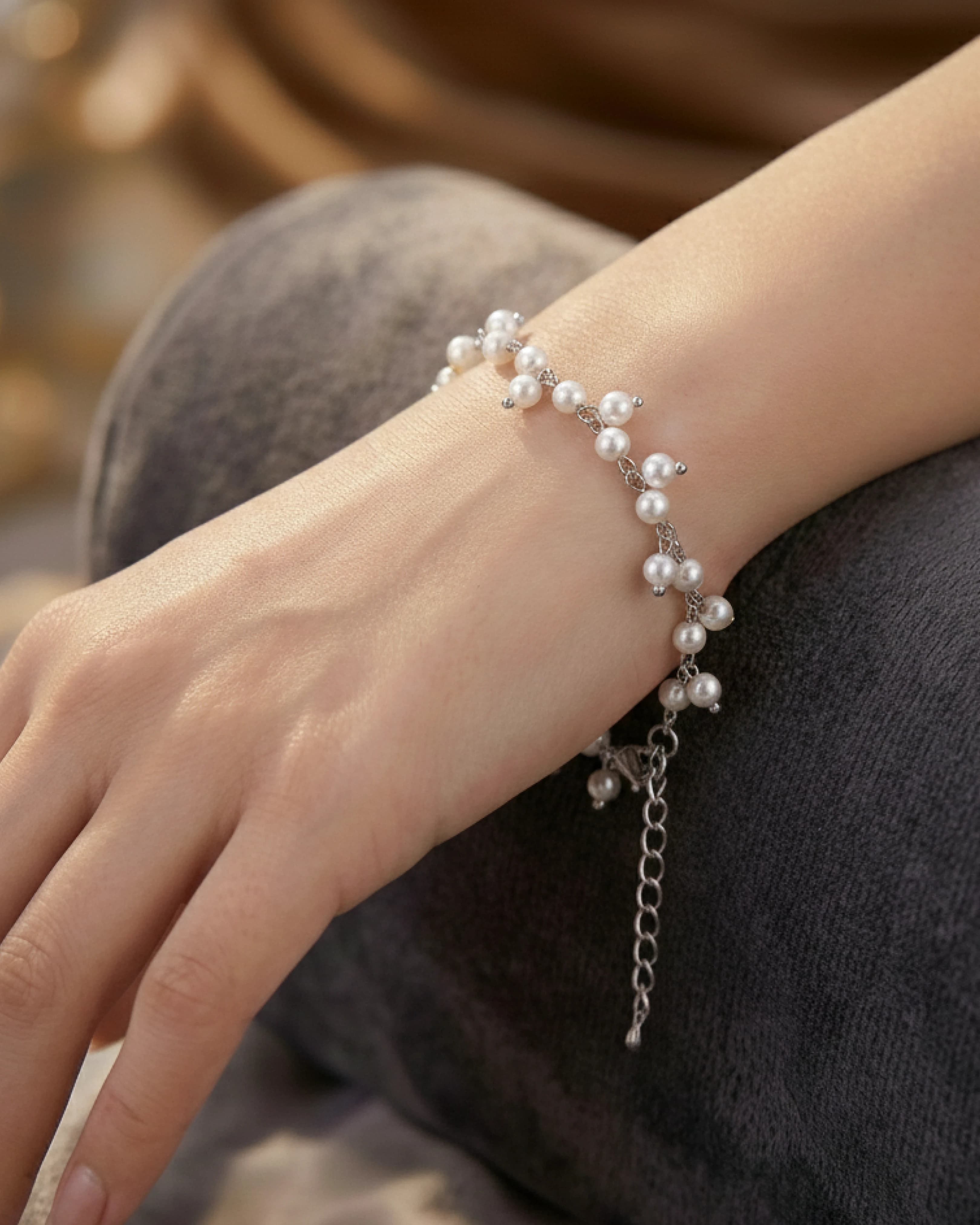 Luminous Pearl Cascade Bracelet – 925 Sterling Silver — model