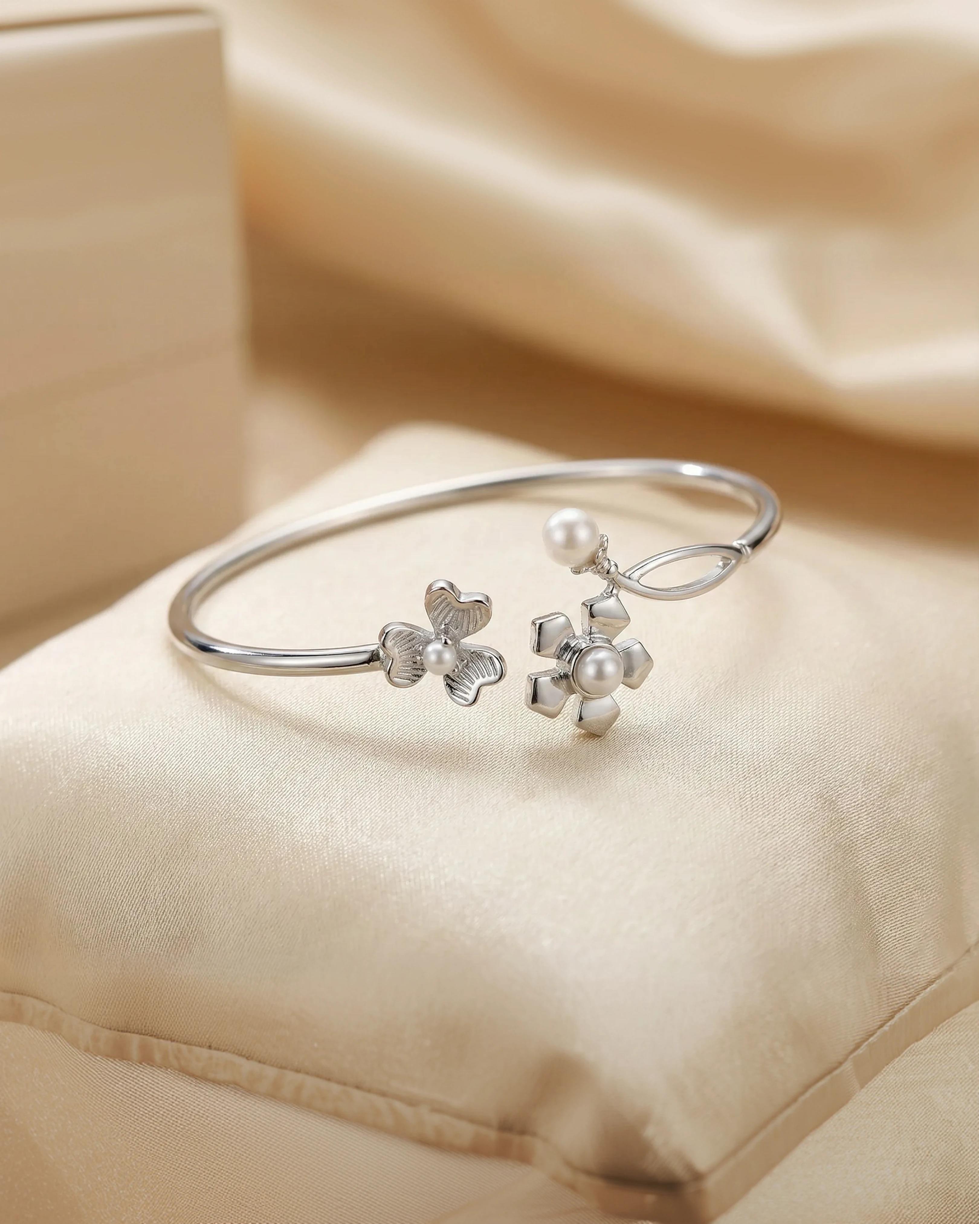 Pearl Floral Bloom Bangle - 925 Sterling Silver Adjustable Bracelet for Women view 3