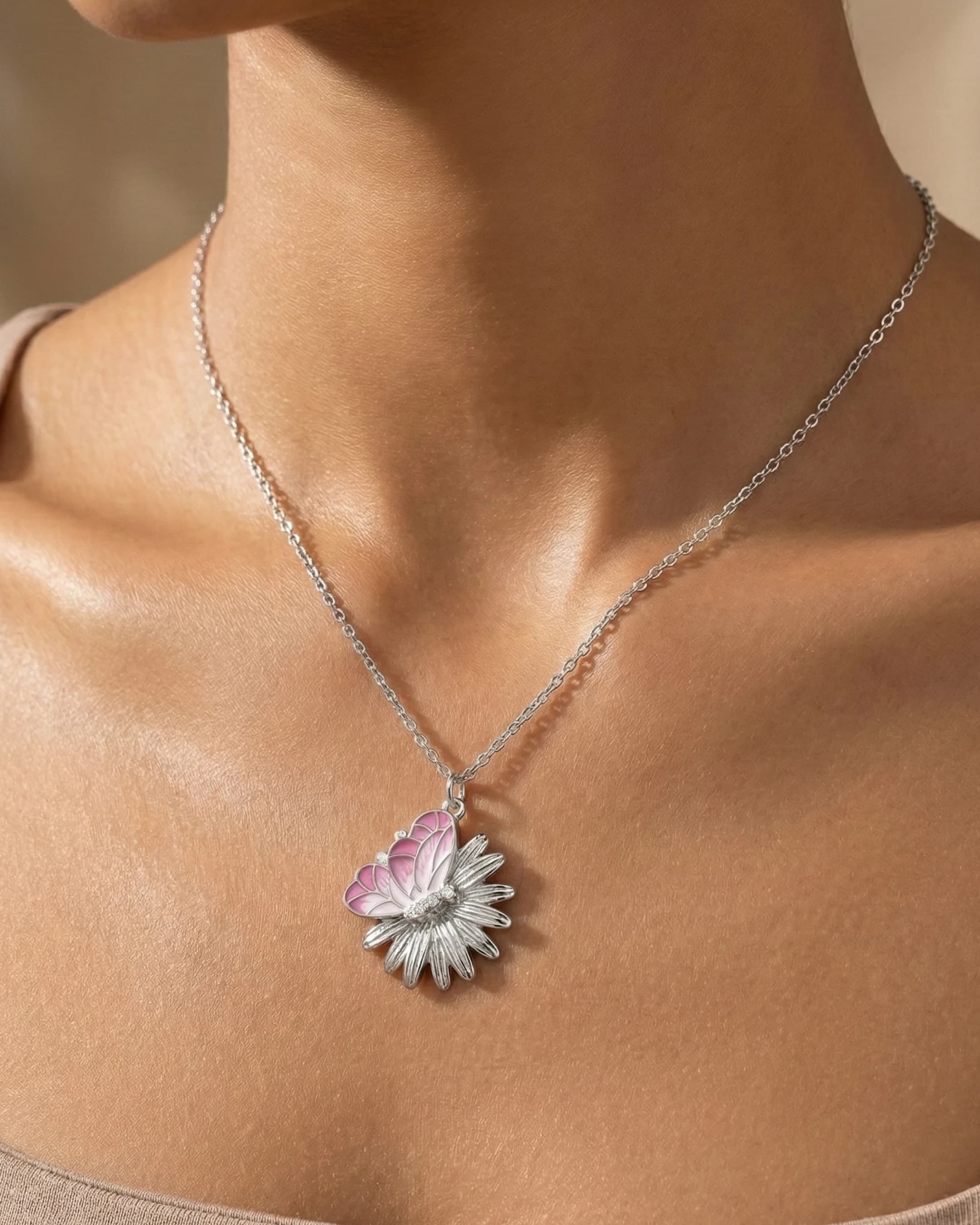 Pink Meadow Butterfly & Daisy Pendant – 925 Sterling Silver — model