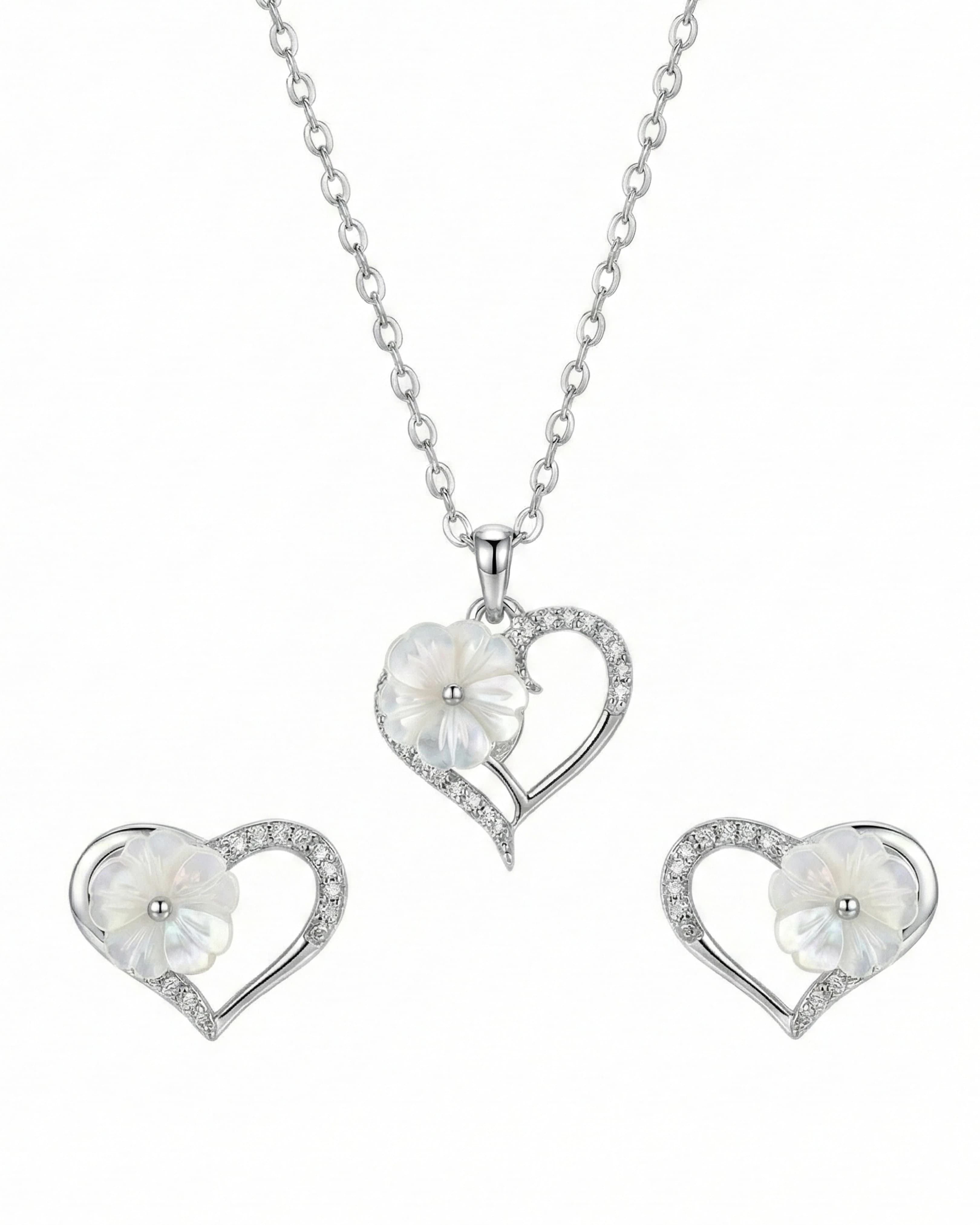 Silver Jems 925 Sterling Silver Heart & Mother-of-Pearl Flower Jewelry Set – Romantic Necklace and Earrings