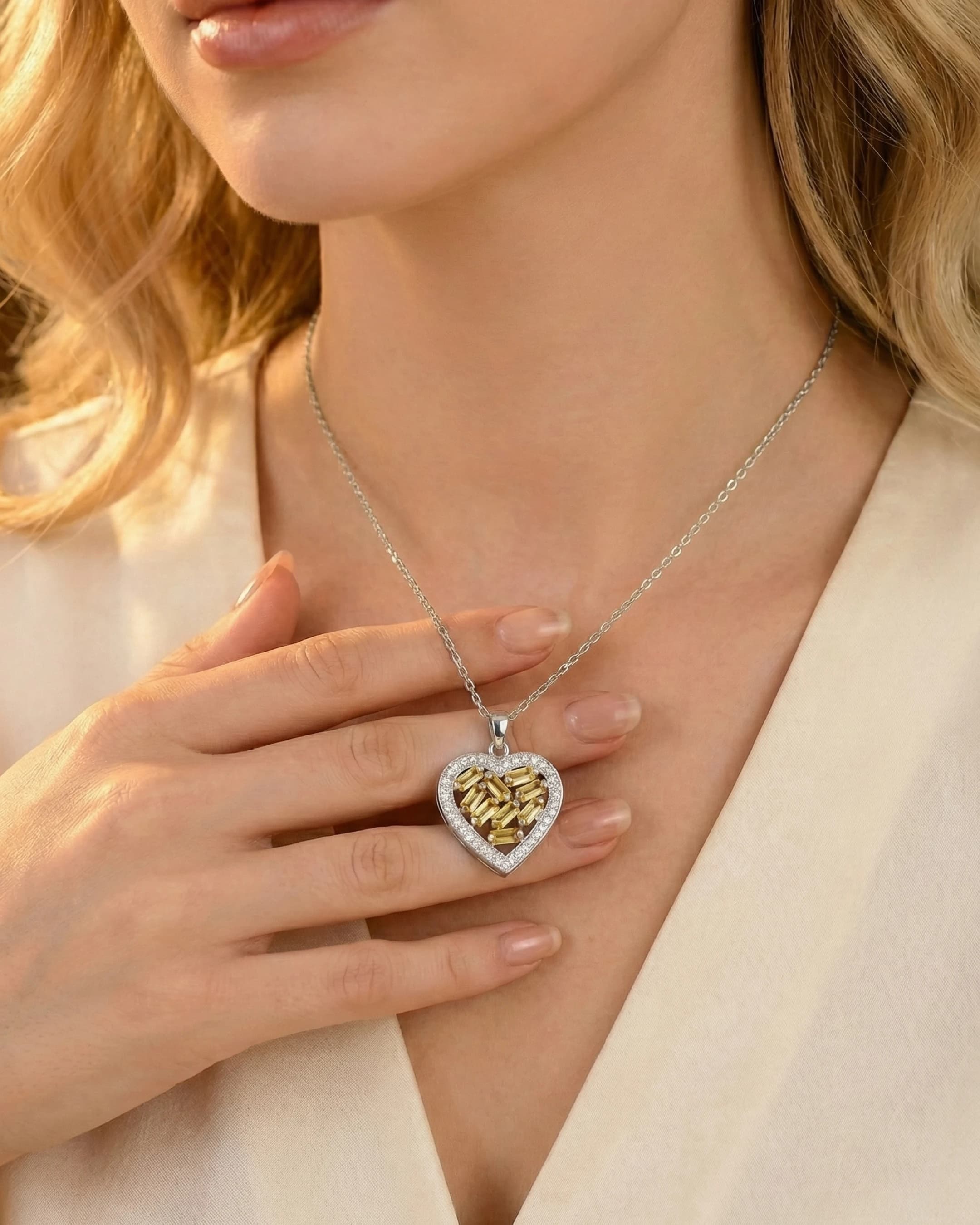 Golden Radiance Heart Mosaic Necklace – 925 Sterling Silver — model
