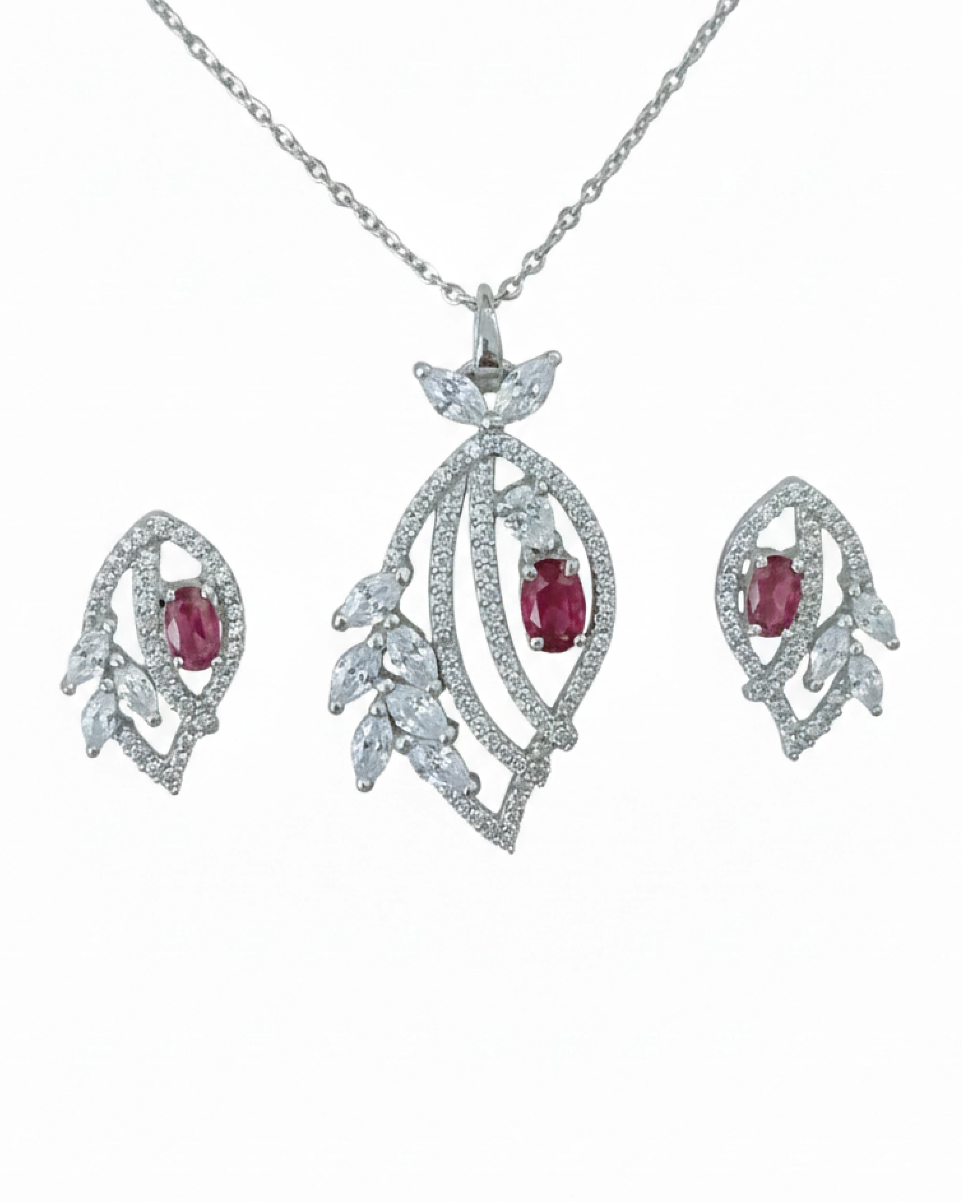 Silver Jems 925 Sterling Silver Jewelry Set – Royal Ruby & Crystal Leaf Design