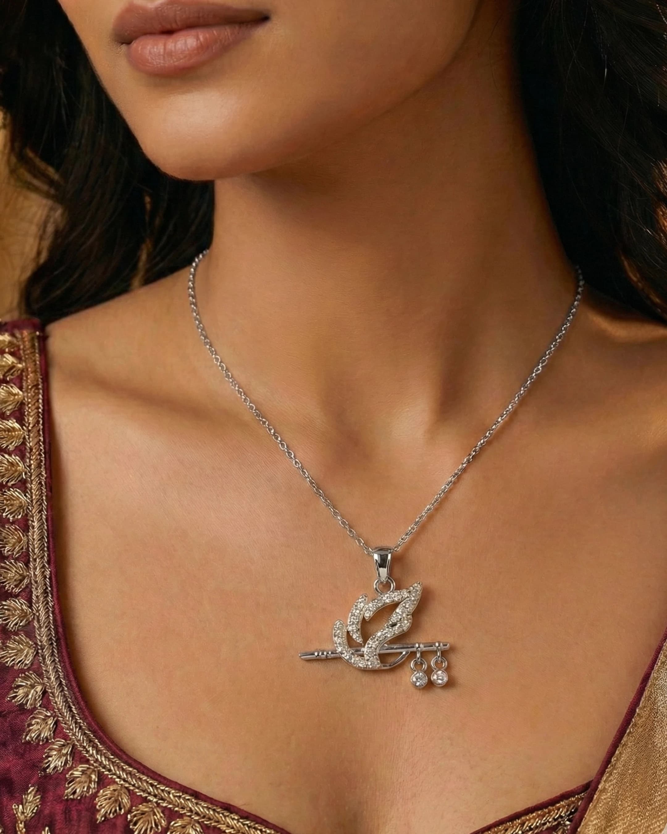Divine Krishna Flute & Peacock Feather Necklace – 925 Sterling Silver Zircon Pendant — model