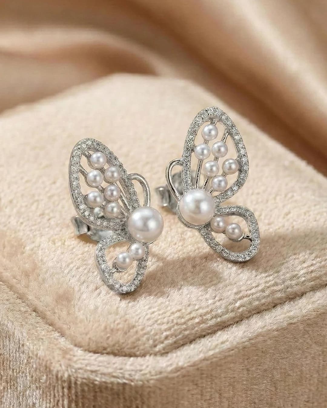 Graceful Butterfly Pearl Stud Earrings – 925 Sterling Silver view 3