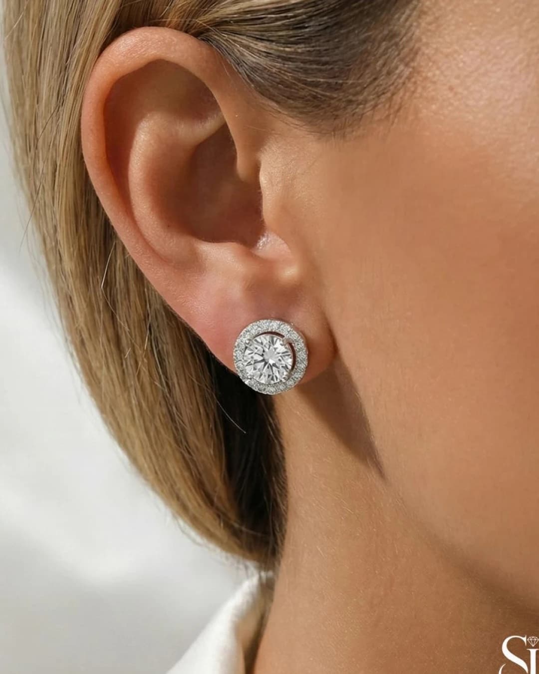 Brilliant Halo Solitaire Stud Earrings – 925 Sterling Silver — model