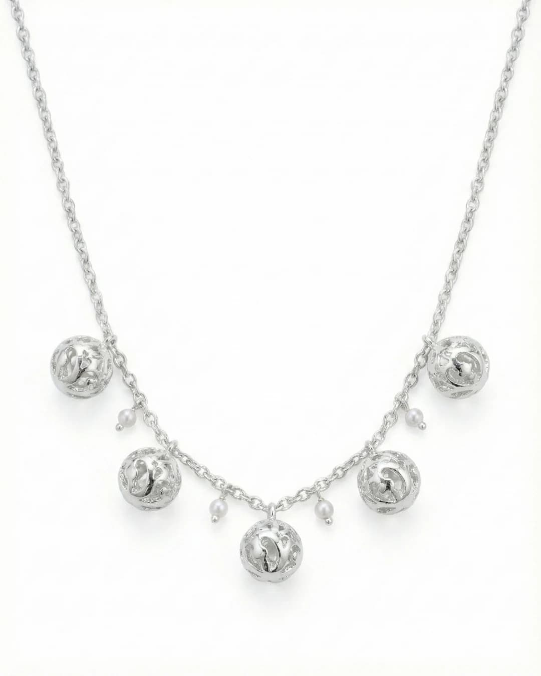 Golden Filigree Globe & Pearl Station Necklace – 925 Sterling Silver