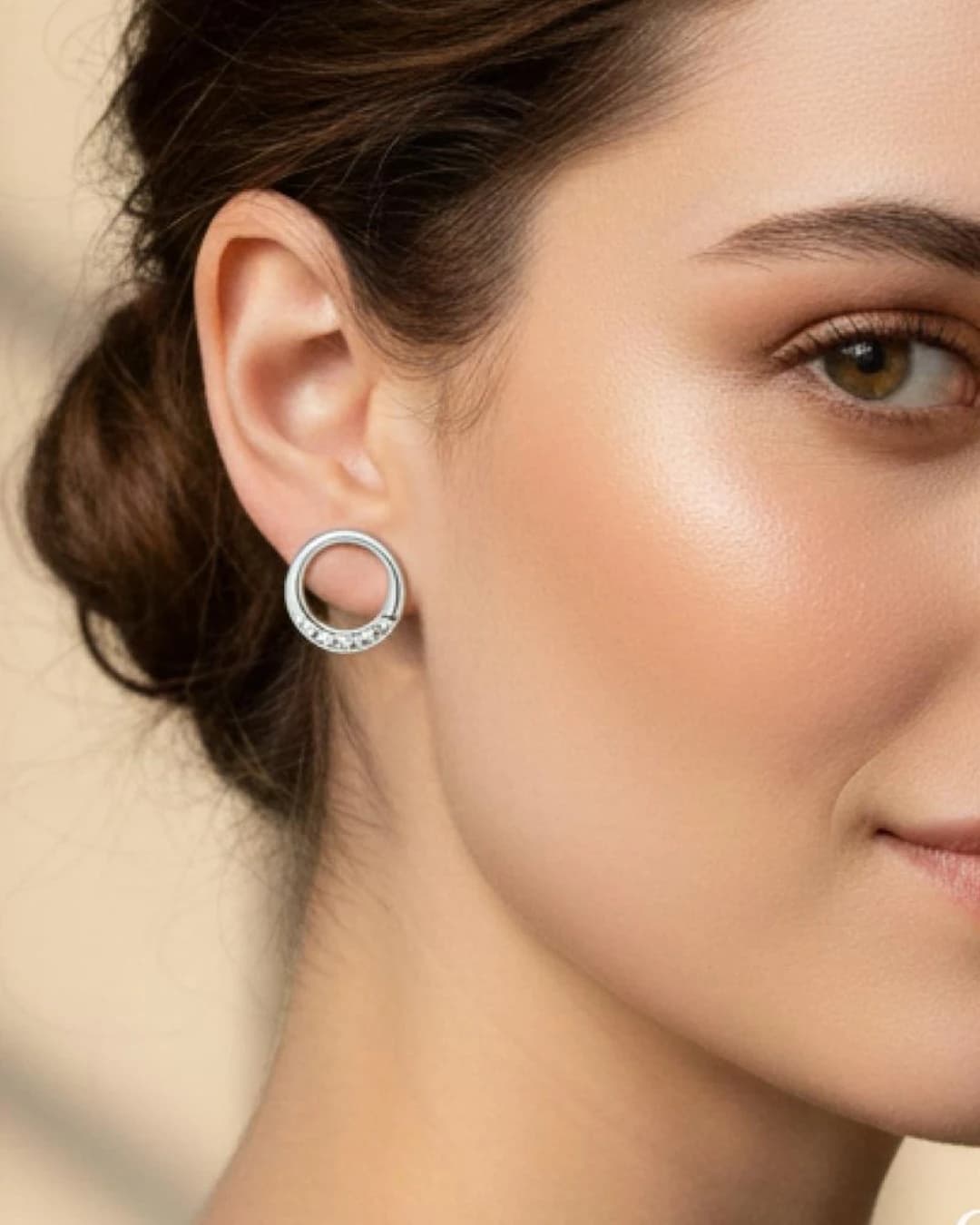 Ethereal Crescent Halo Stud Earrings – 925 Sterling Silver — model