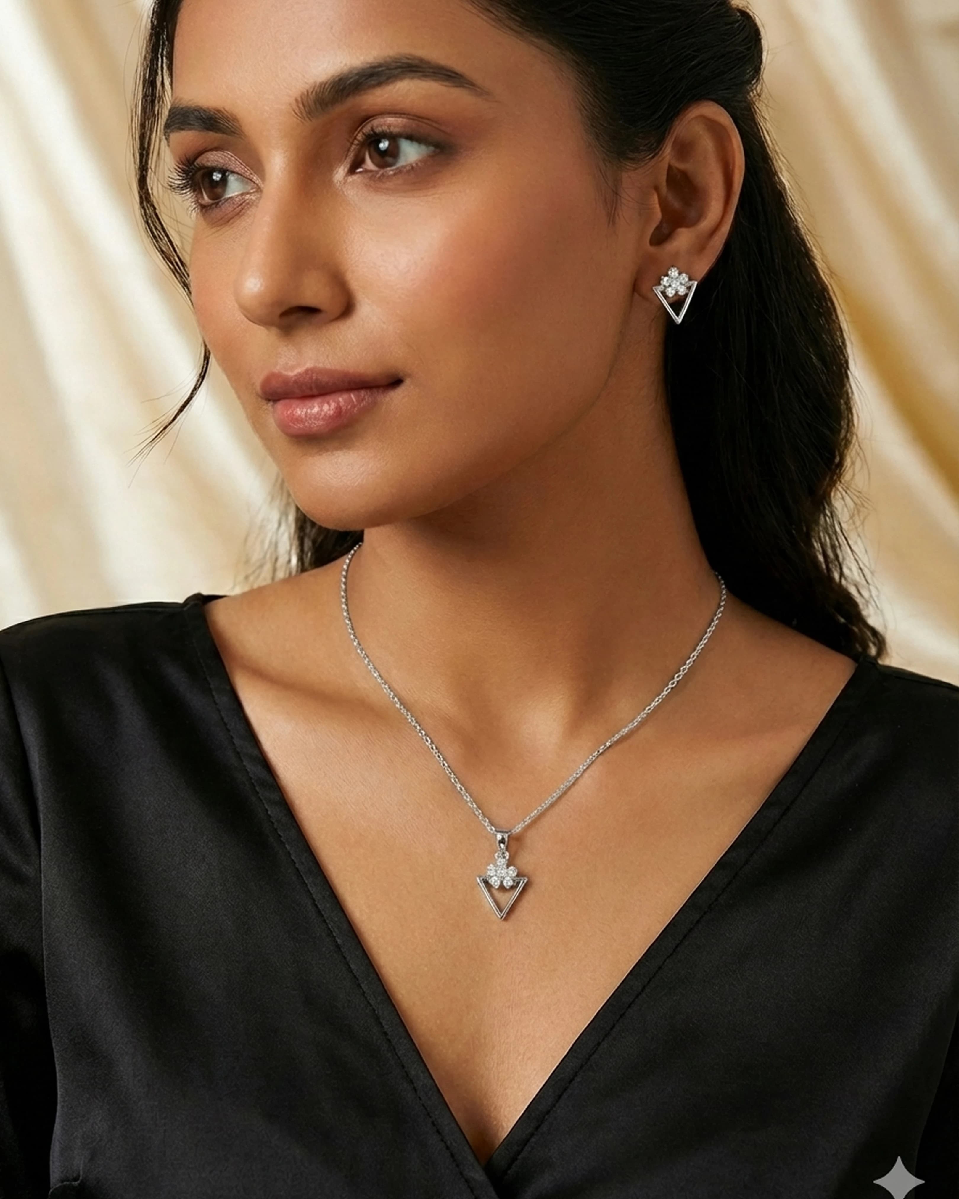 Silver Jems 925 Sterling Silver Geometric Triangle & Floral Crystal Jewelry Set – Necklace and Earrings — model