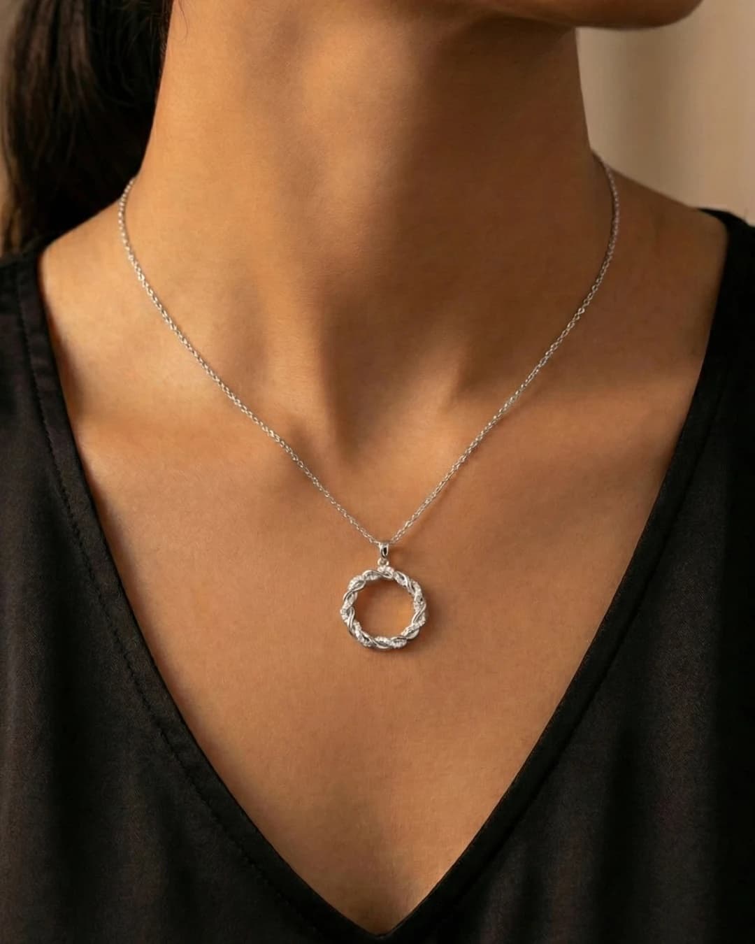 Entwined Halo Pavé Circle Necklace – 925 Sterling Silver — model