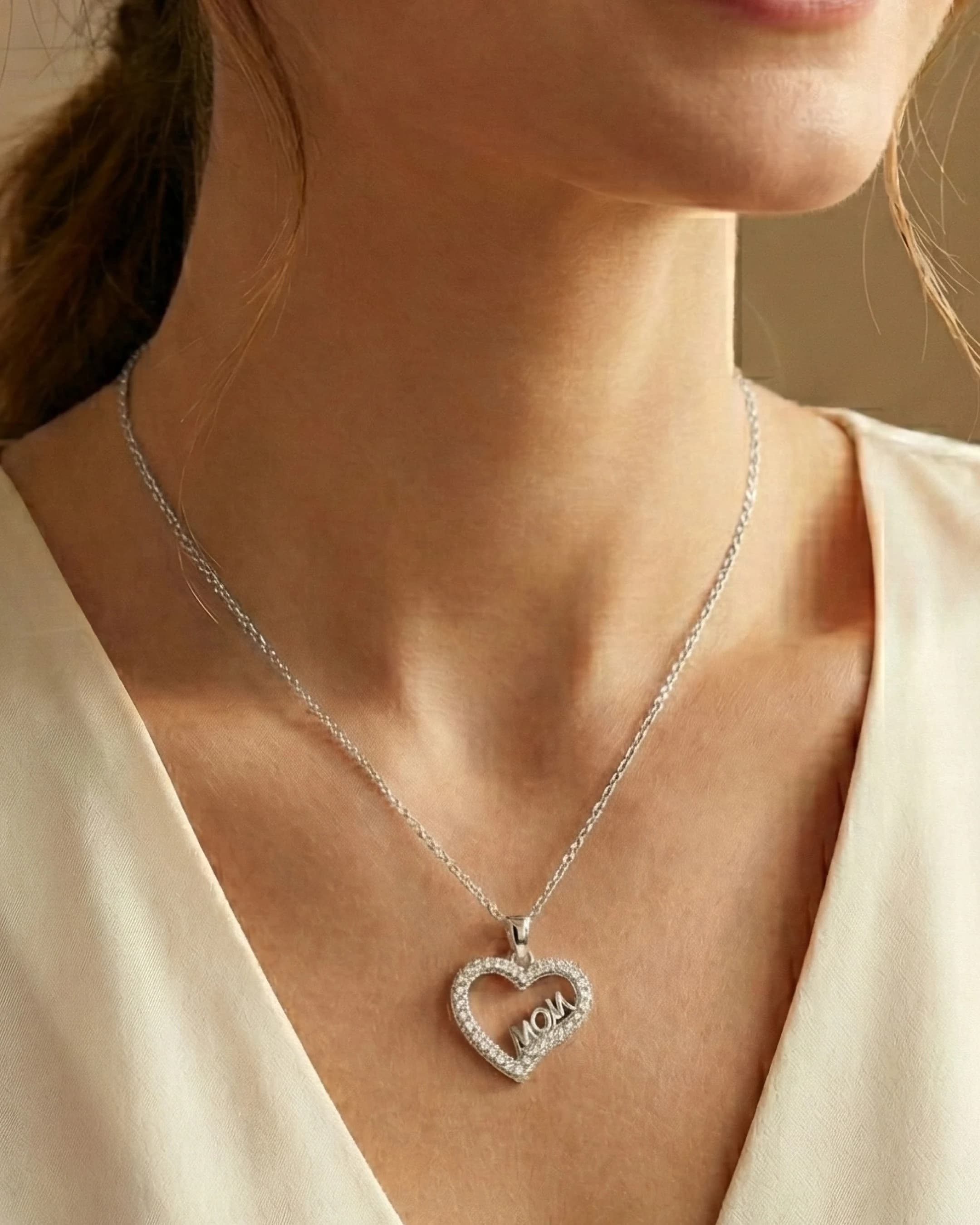 Eternal Love "MOM" Heart Necklace – 925 Sterling Silver — model