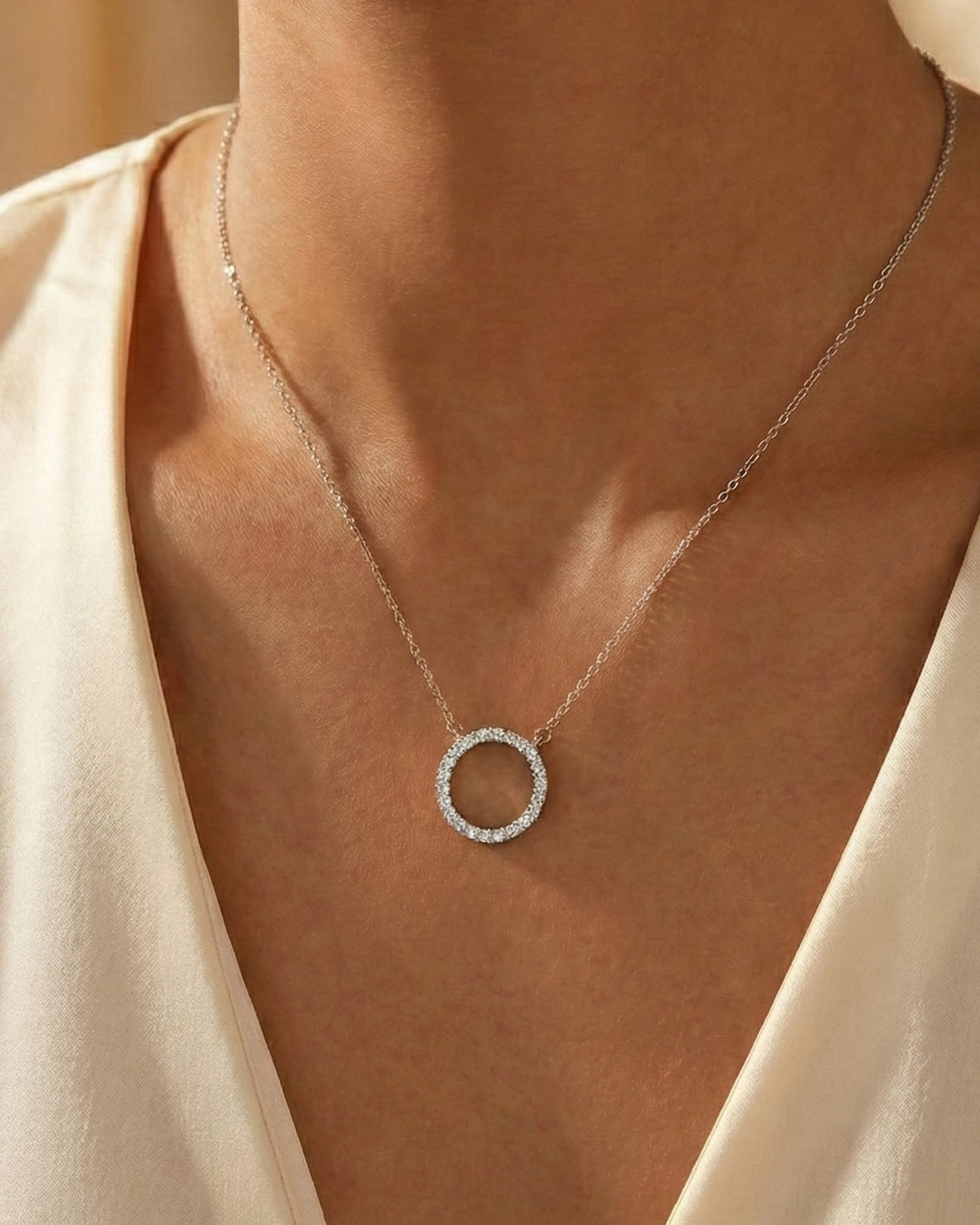 Ethereal Halo Circle Necklace – 925 Sterling Silver — model