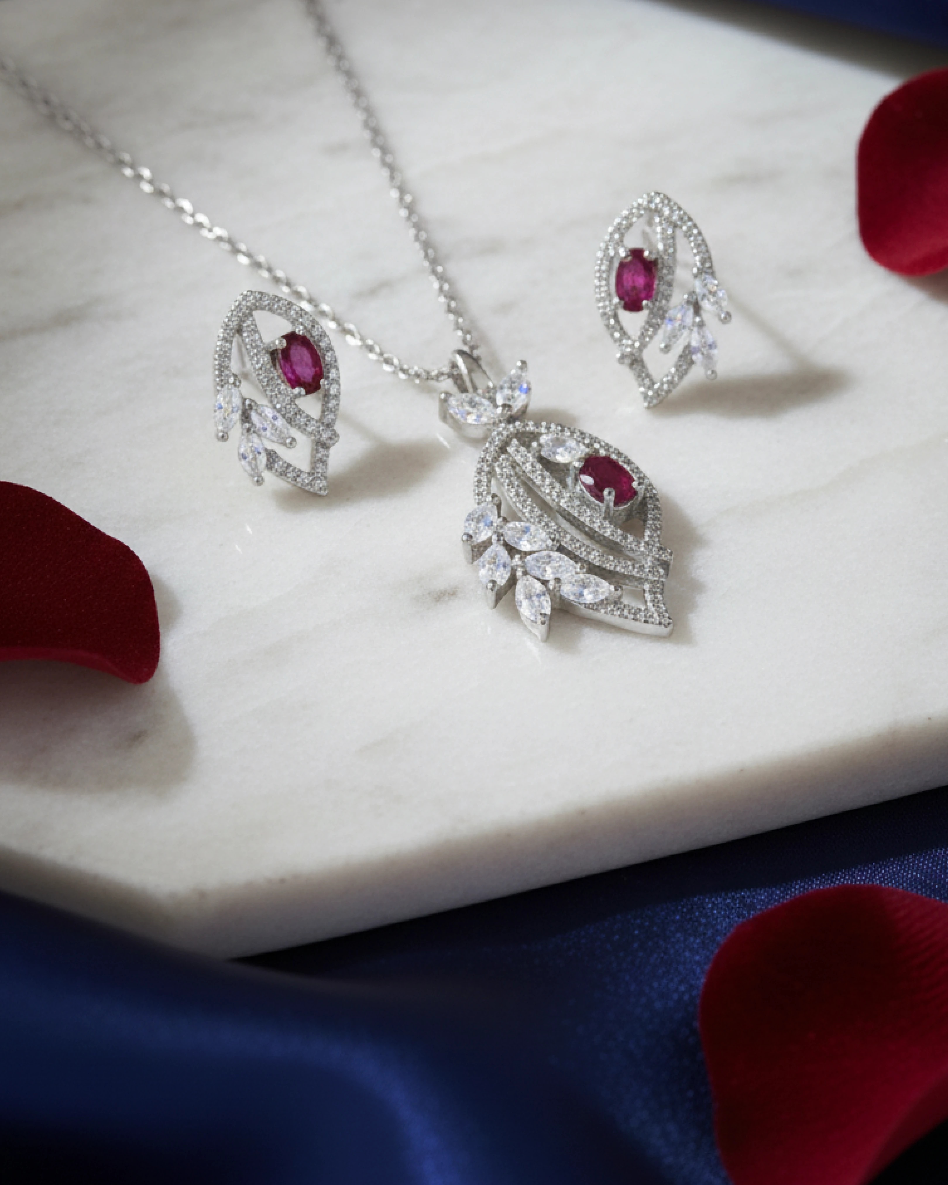 Silver Jems 925 Sterling Silver Jewelry Set – Royal Ruby & Crystal Leaf Design view 3