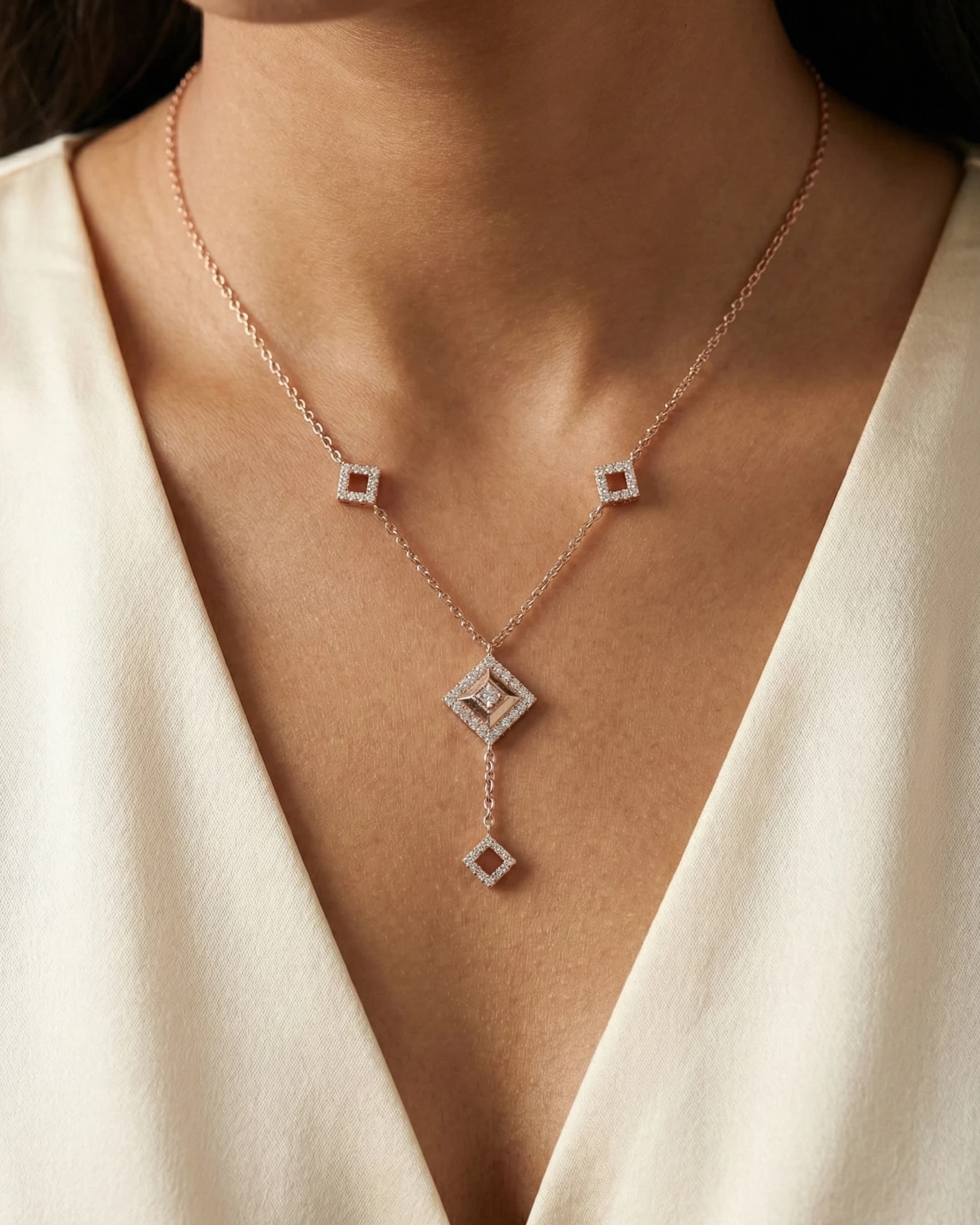 Imperial Geometric Diamond-Drop Necklace – 925 Sterling Silver — model