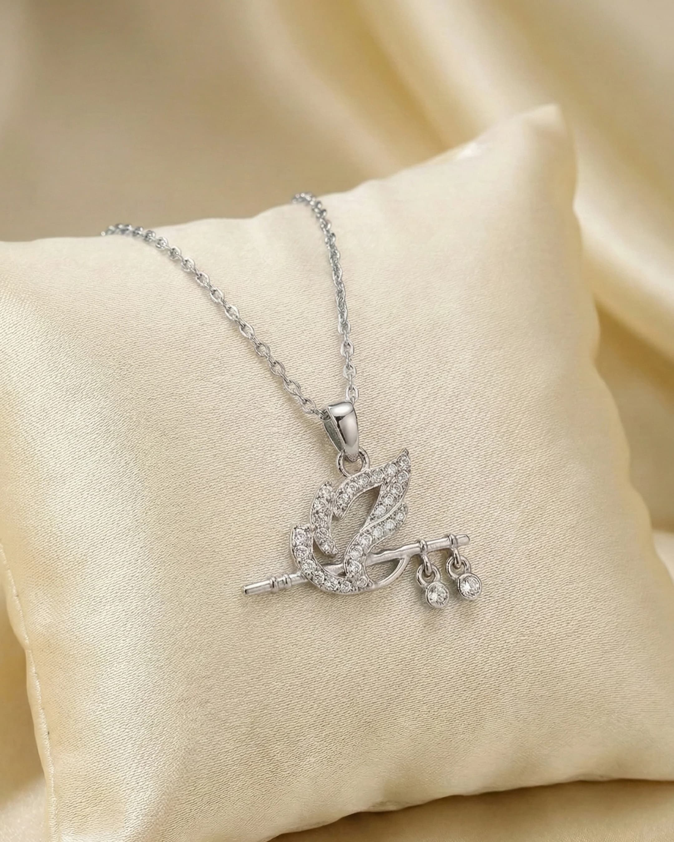 Divine Krishna Flute & Peacock Feather Necklace – 925 Sterling Silver Zircon Pendant view 3