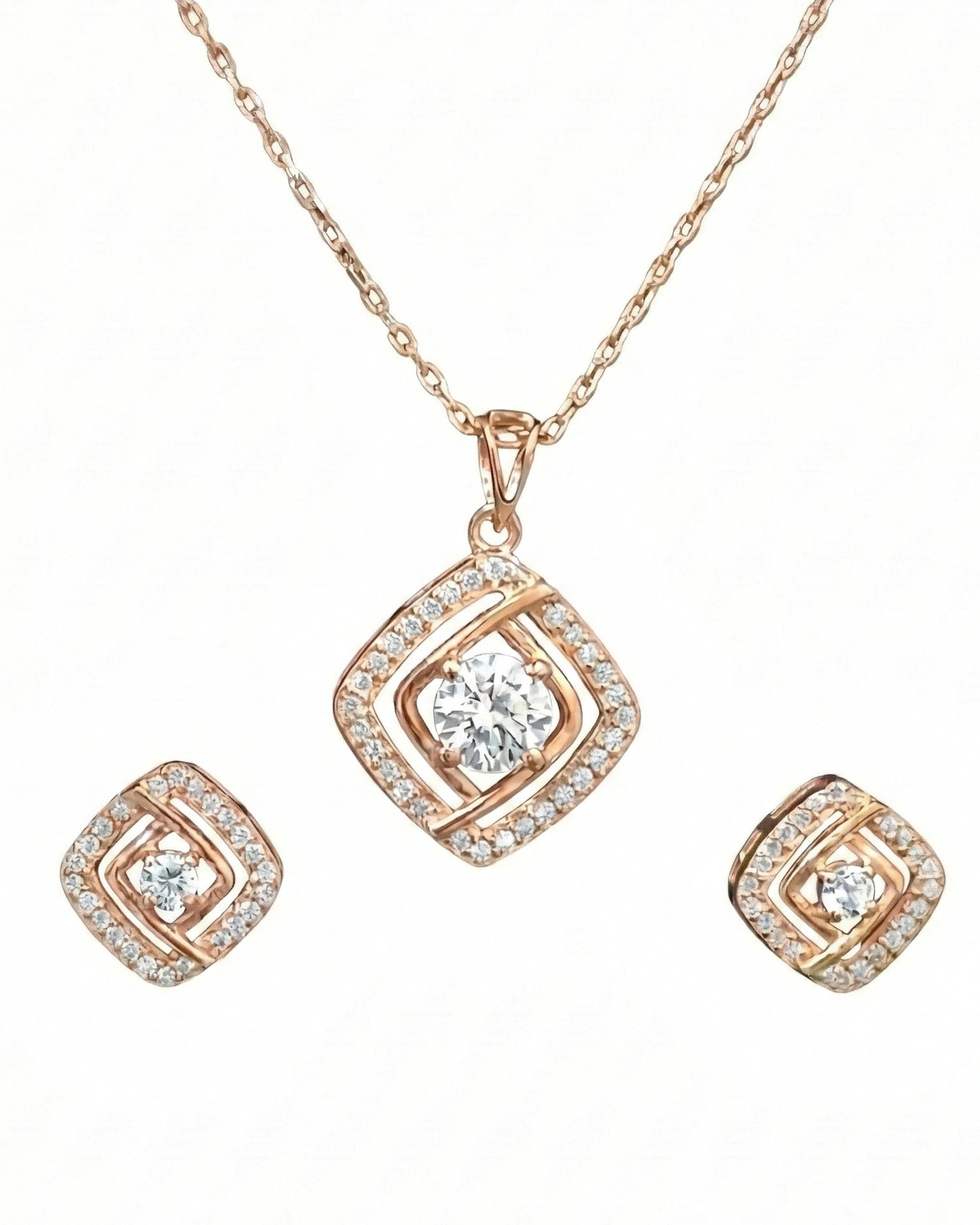 Silver Jems Gold Plated 925 Sterling Silver Radiant Square Halo Jewelry Set – Pendant Necklace & Stud Earrings