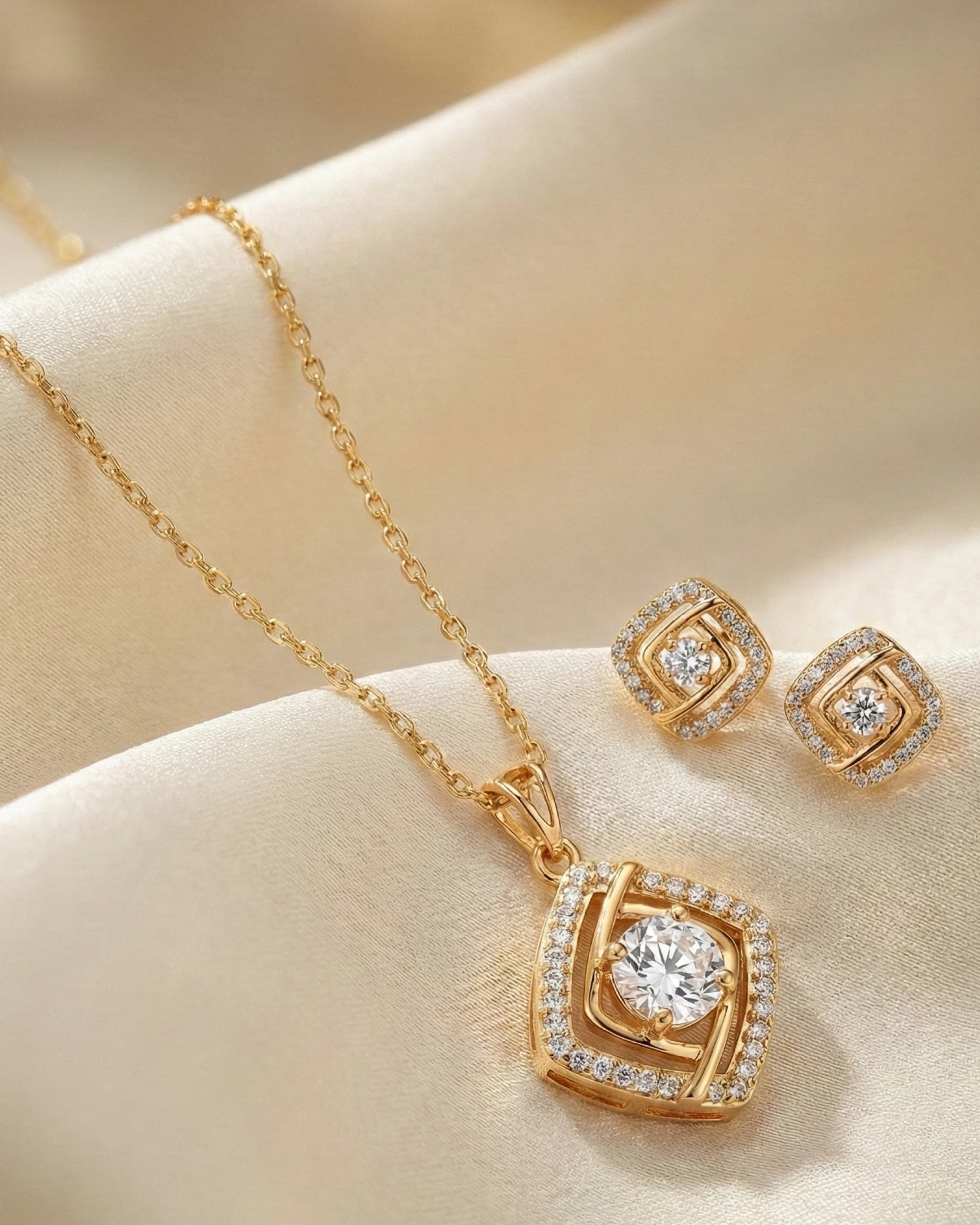 Silver Jems Gold Plated 925 Sterling Silver Radiant Square Halo Jewelry Set – Pendant Necklace & Stud Earrings view 3