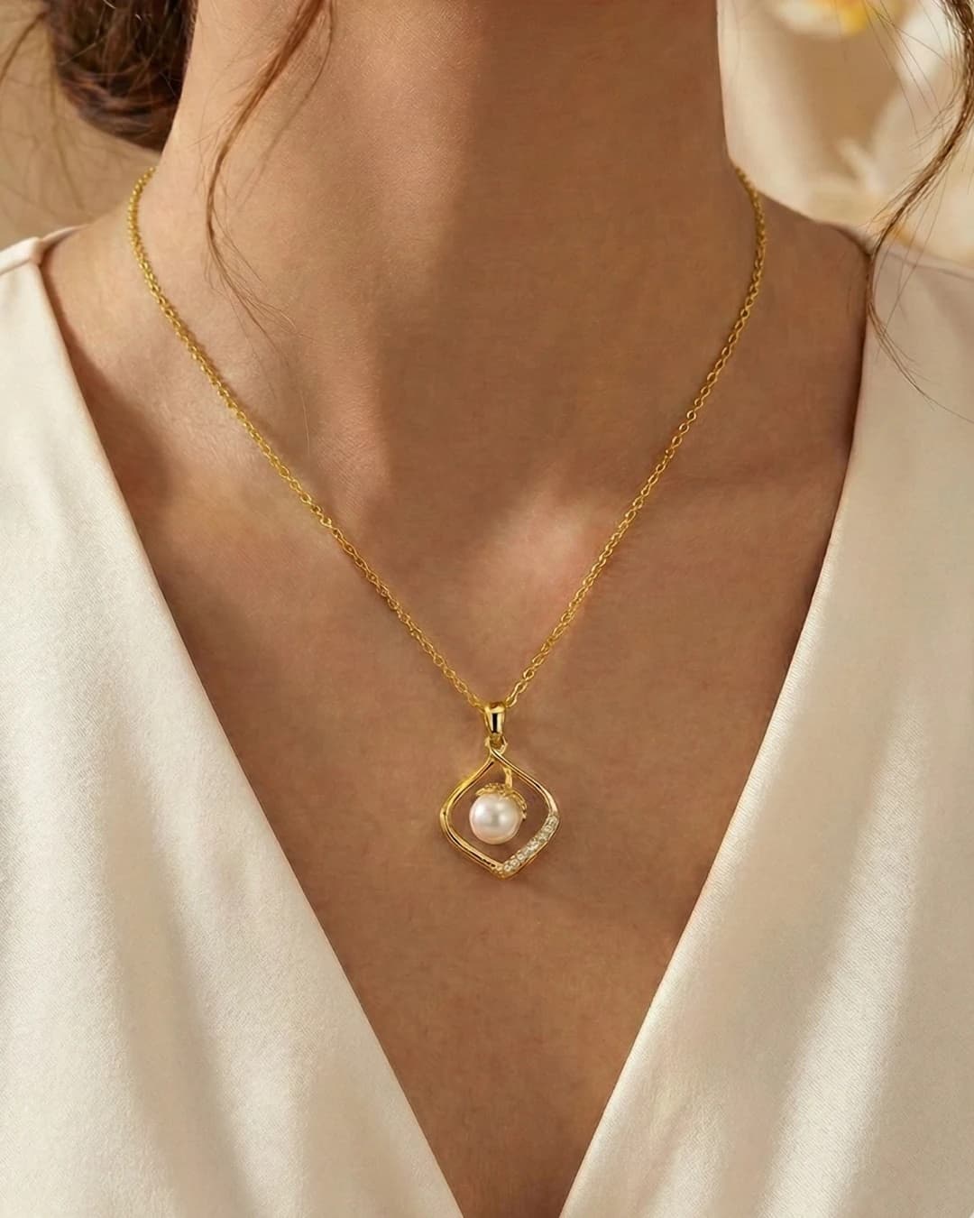 Radiant Teardrop Pearl & Bud Necklace – 925 Sterling Silver — model