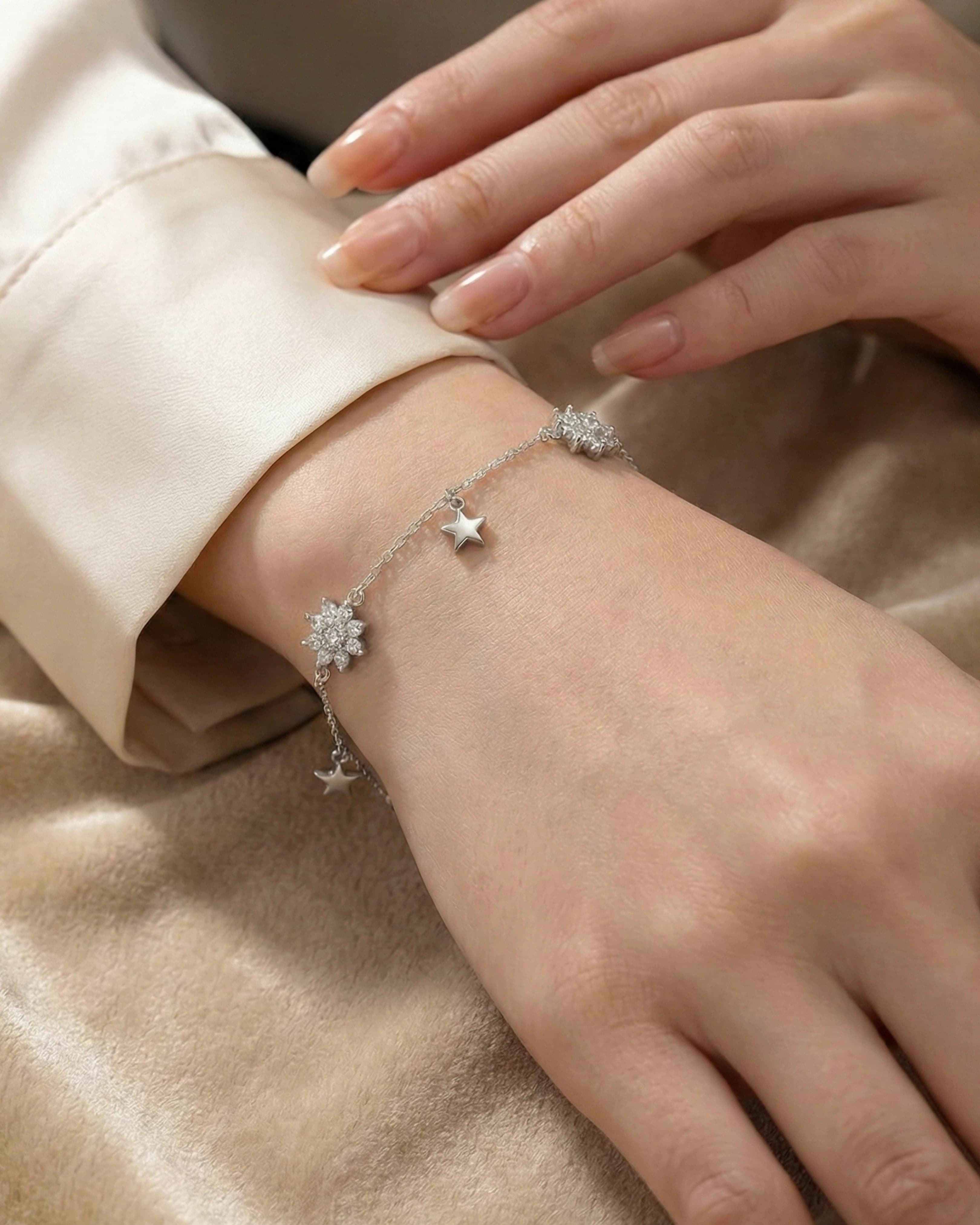 Celestial Star & Blossom Charm Bracelet – 925 Sterling Silver — model