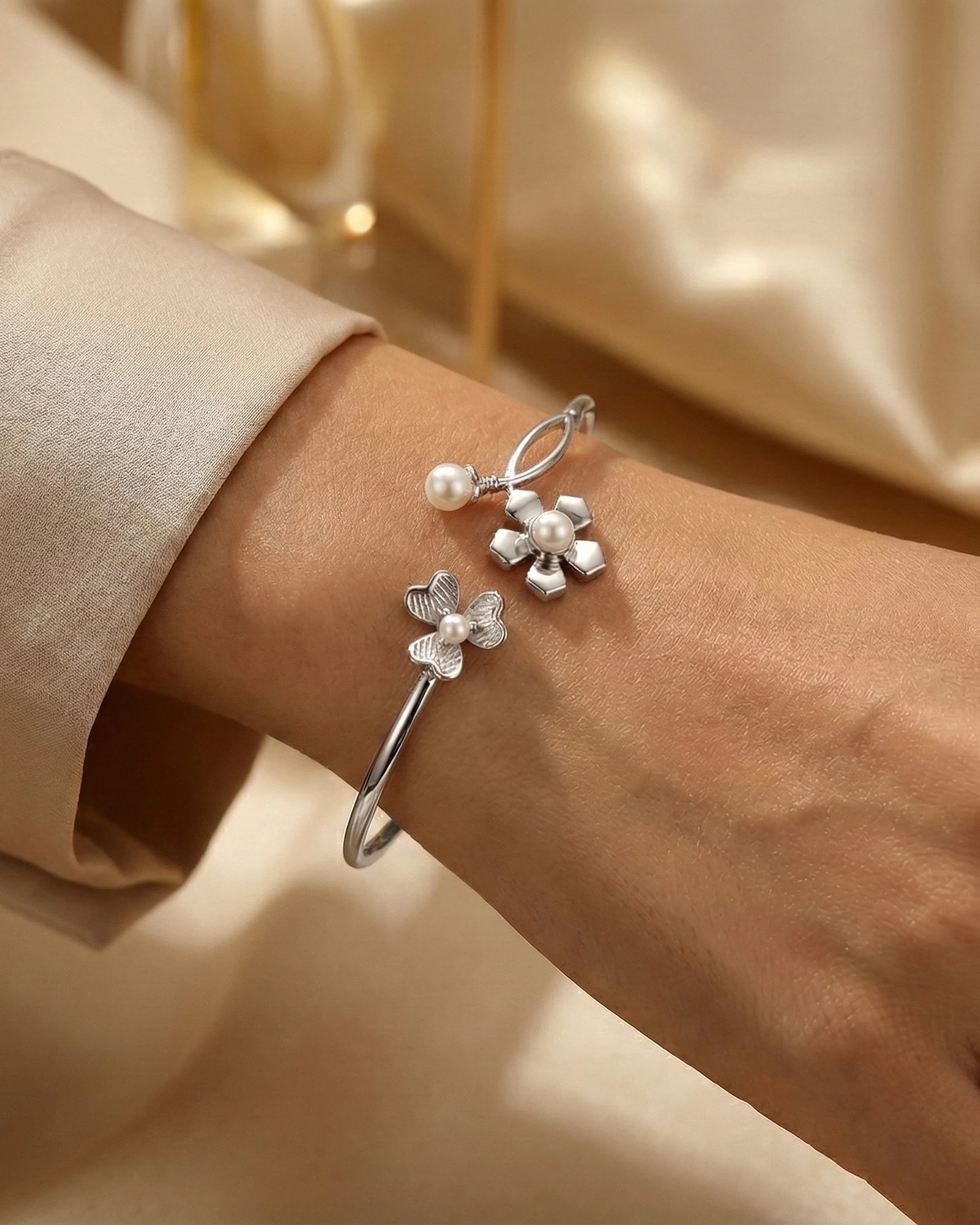 Pearl Floral Bloom Bangle - 925 Sterling Silver Adjustable Bracelet for Women — model