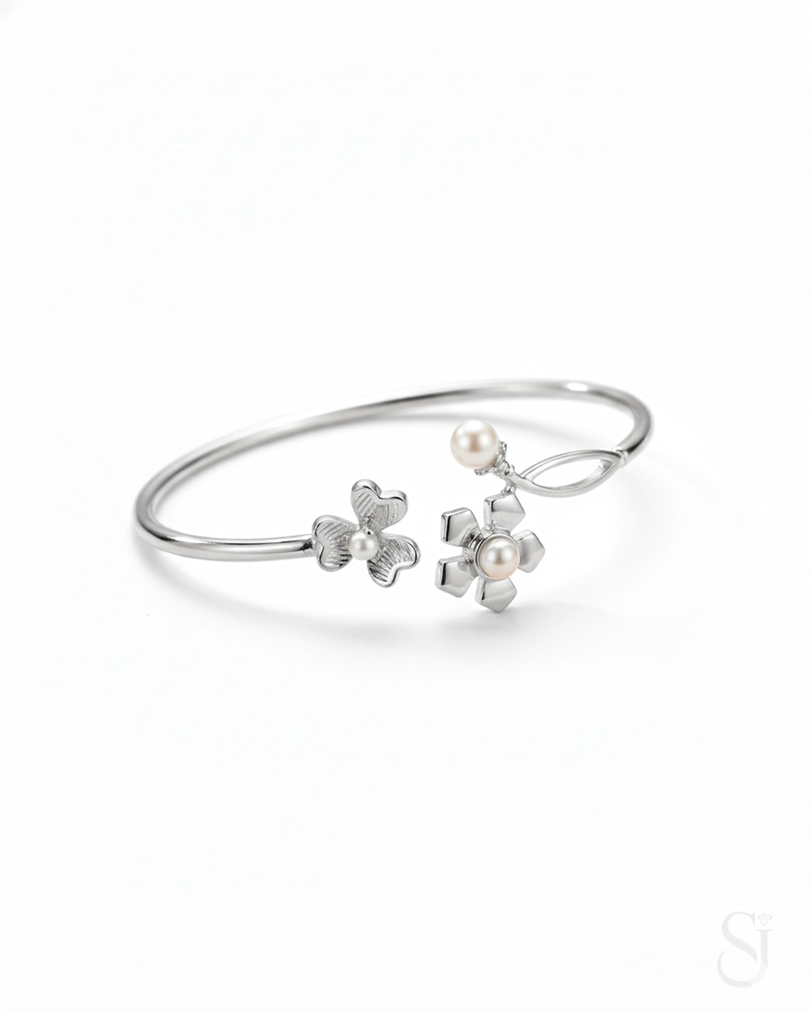 Pearl Floral Bloom Bangle - 925 Sterling Silver Adjustable Bracelet for Women