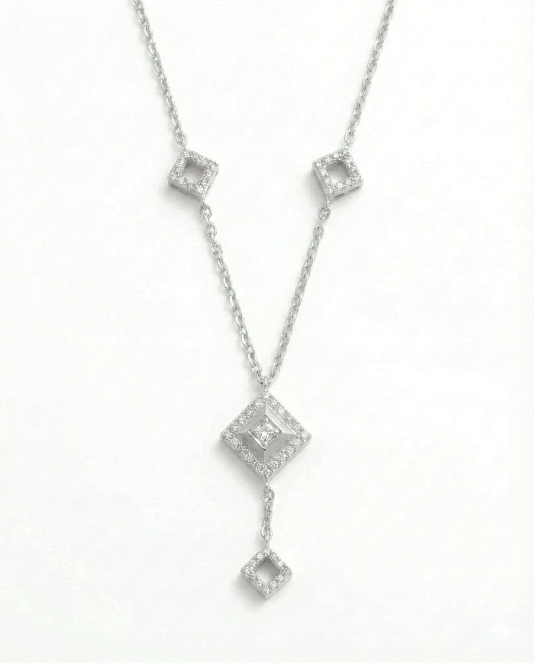 Imperial Geometric Diamond-Drop Necklace – 925 Sterling Silver