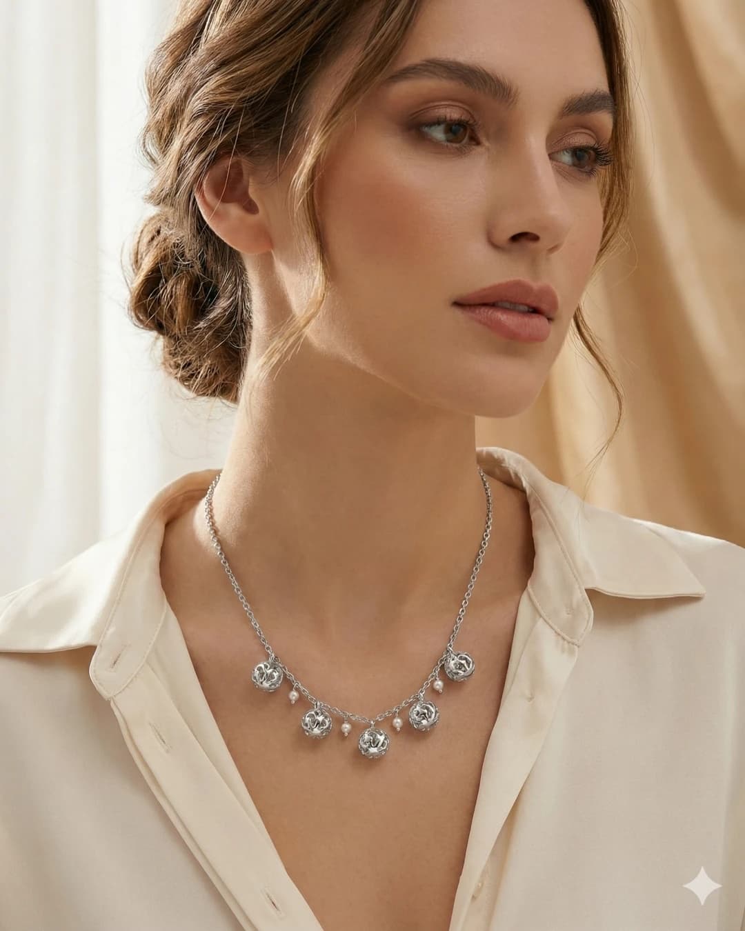 Golden Filigree Globe & Pearl Station Necklace – 925 Sterling Silver — model