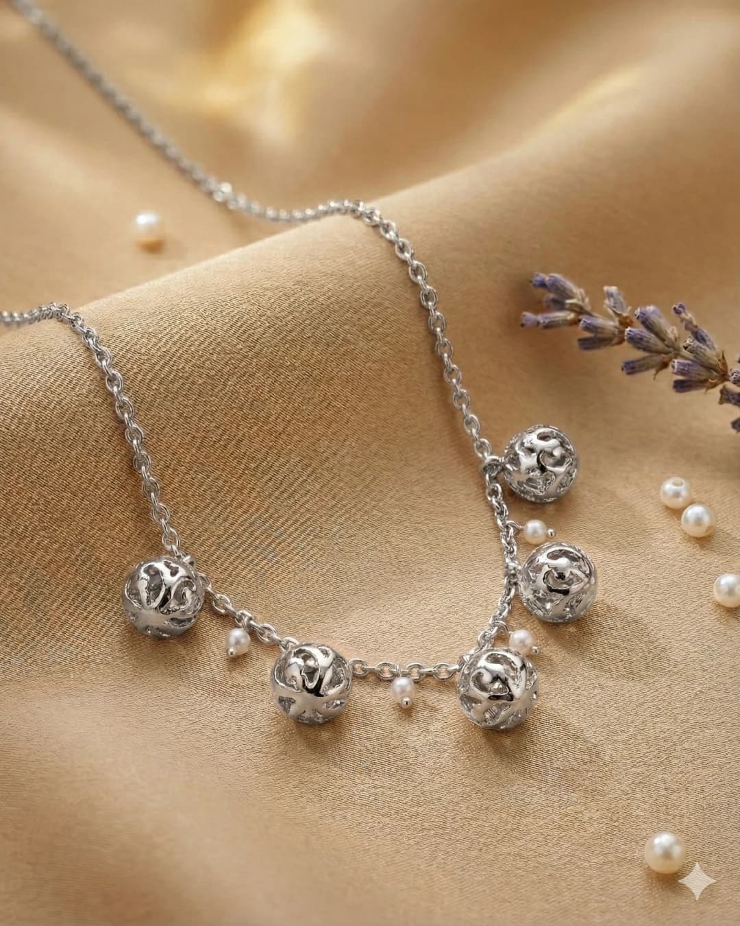 Golden Filigree Globe & Pearl Station Necklace – 925 Sterling Silver view 3