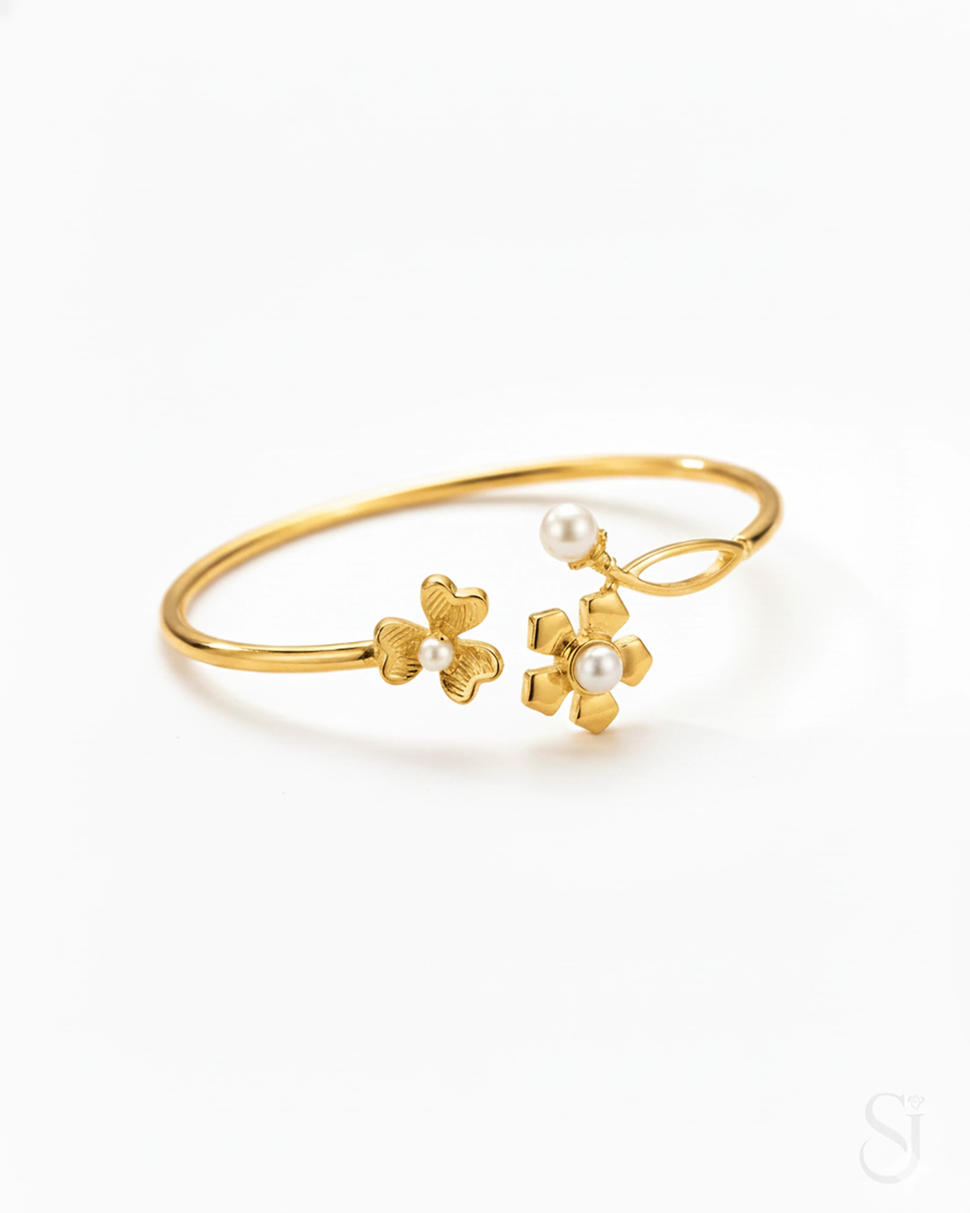 Pearl Floral Bloom Bangle - 925 Sterling Silver Adjustable Bracelet for Women